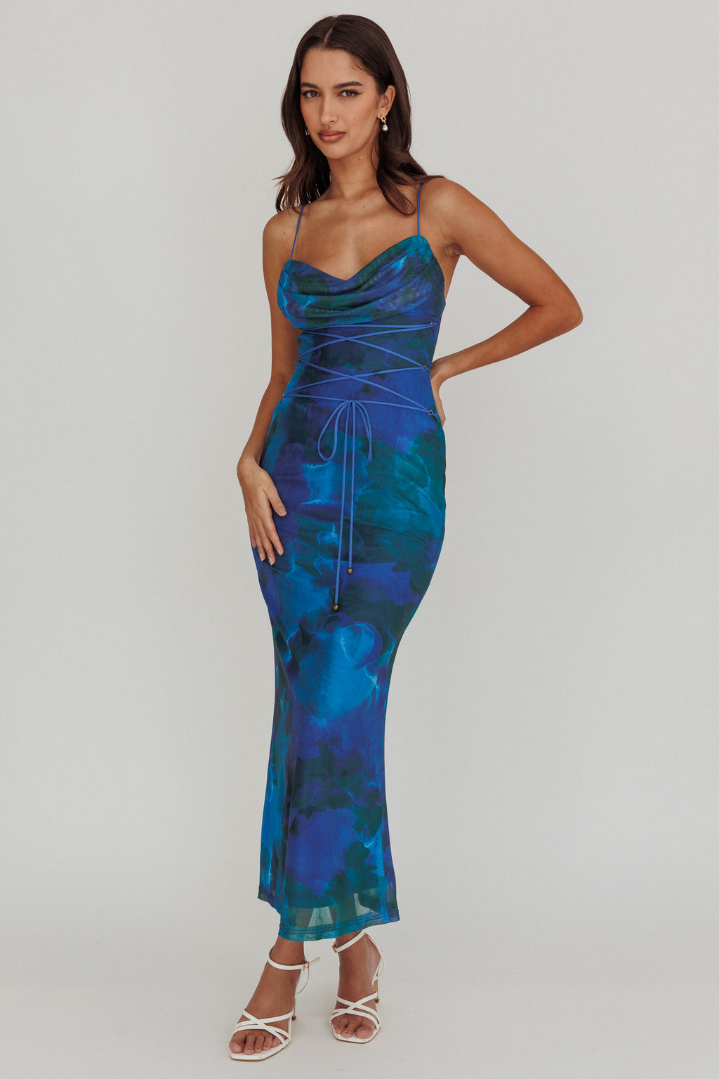 Teava Laced Waist Maxi Dress Print Blue by Selfie Leslie Australia