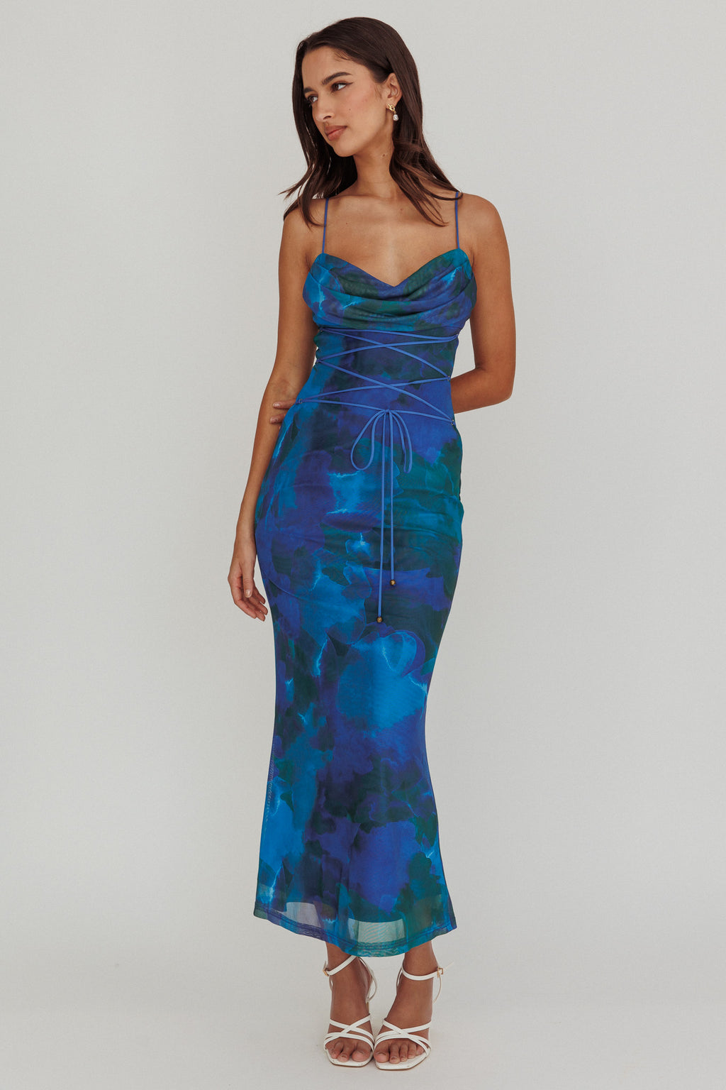 Teava Laced Waist Maxi Dress Print Blue by Selfie Leslie Australia