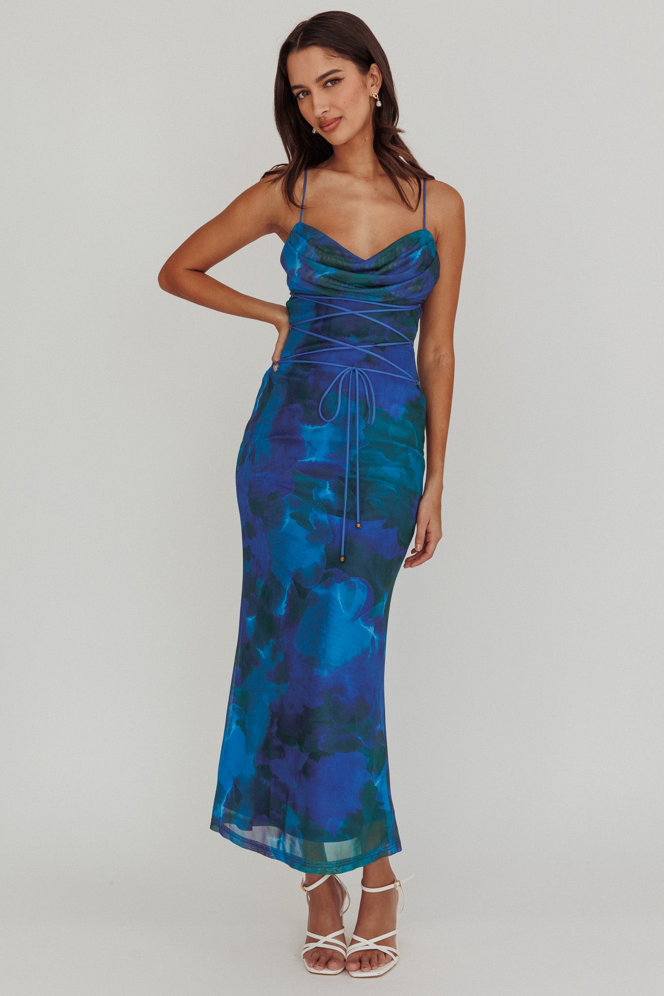 Teava Laced Waist Maxi Dress Print Blue by Selfie Leslie Australia