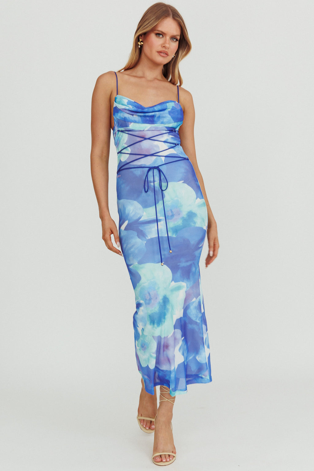 Teava Laced Waist Maxi Dress Flowers Blue by Selfie Leslie Australia