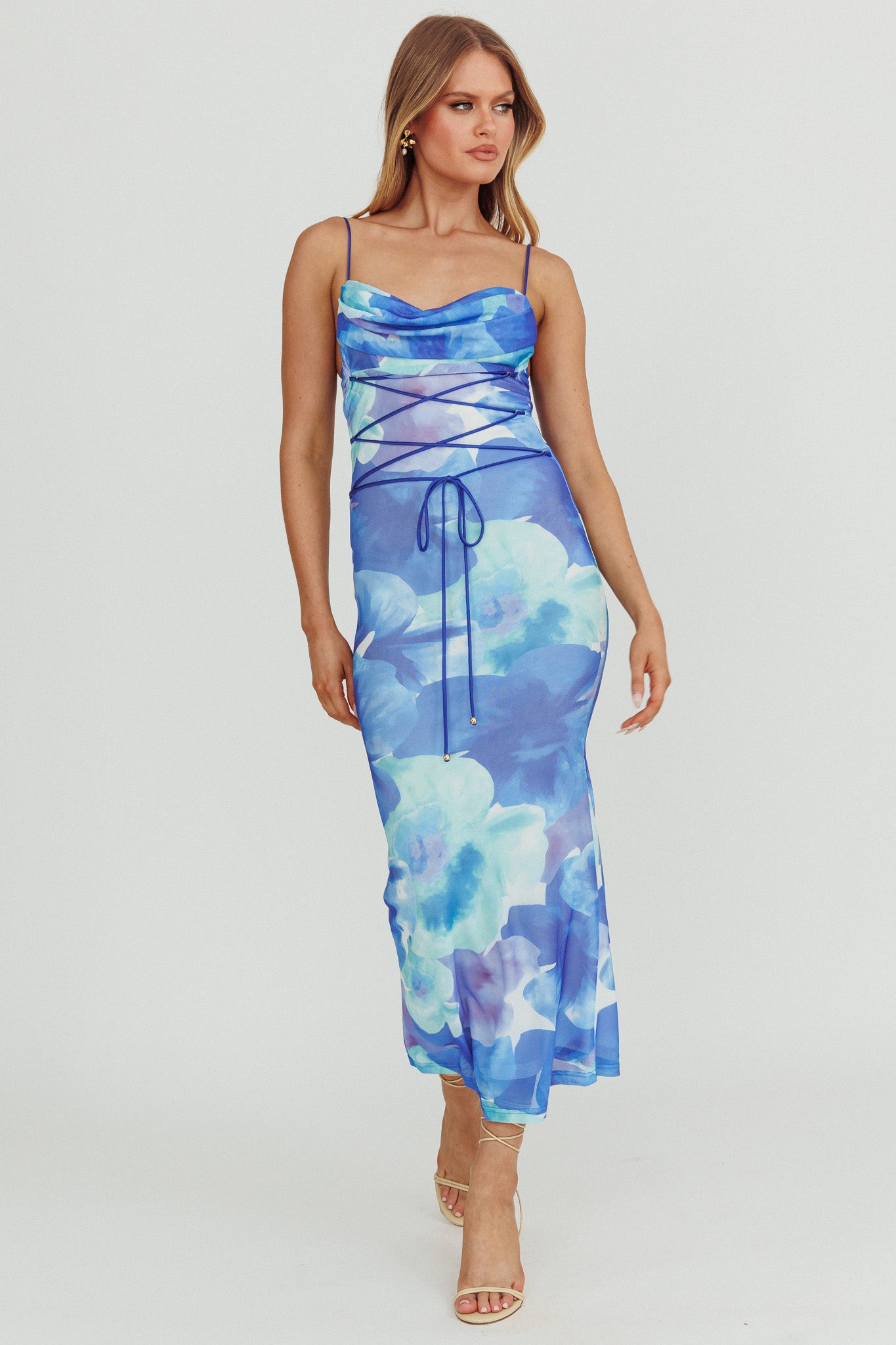 Teava Laced Waist Maxi Dress Flowers Blue by Selfie Leslie Australia