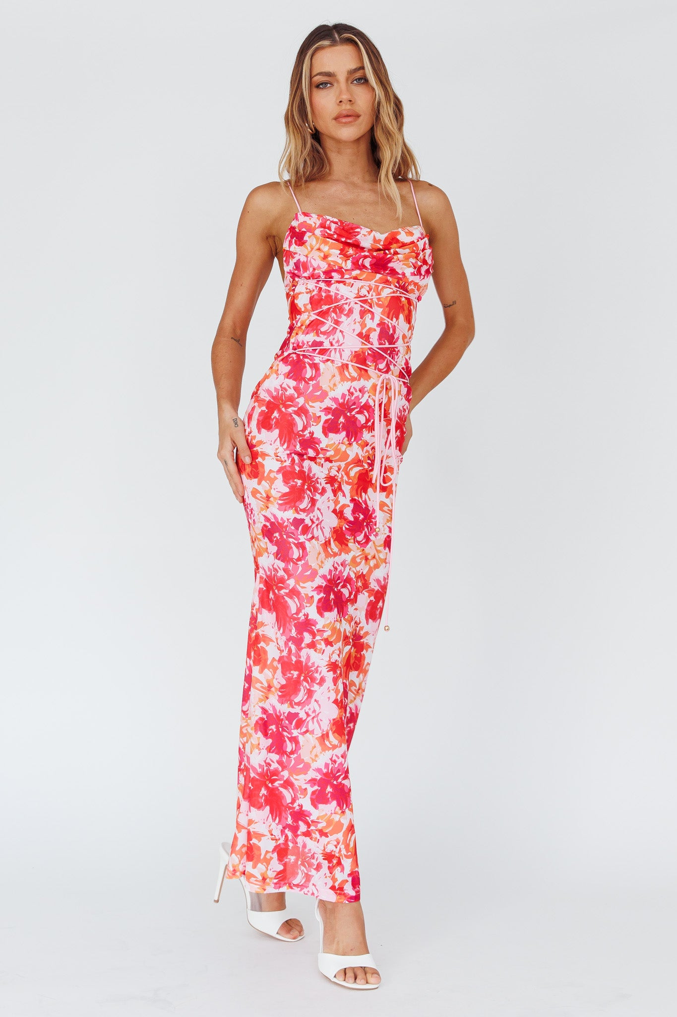 Teava Laced Waist Midi Dress Floral Red by Selfie Leslie Australia