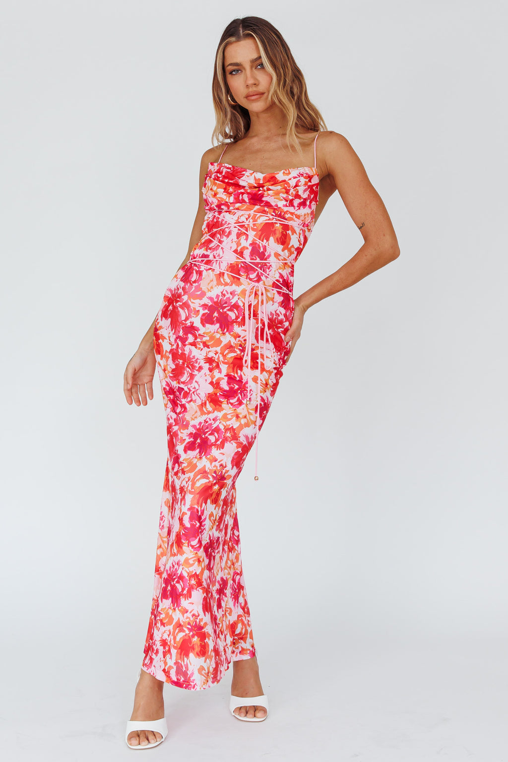 Teava Laced Waist Midi Dress Floral Red by Selfie Leslie Australia