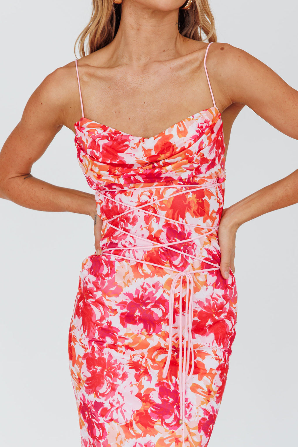 Teava Laced Waist Midi Dress Floral Red by Selfie Leslie Australia
