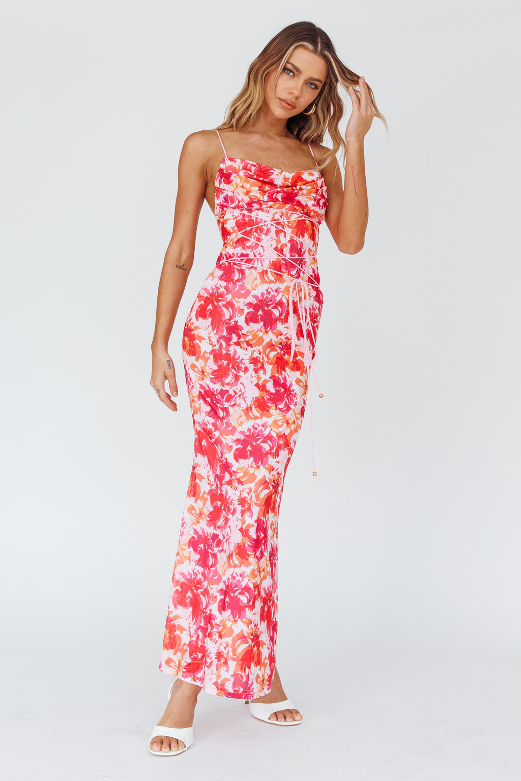 Teava Laced Waist Midi Dress Floral Red by Selfie Leslie Australia