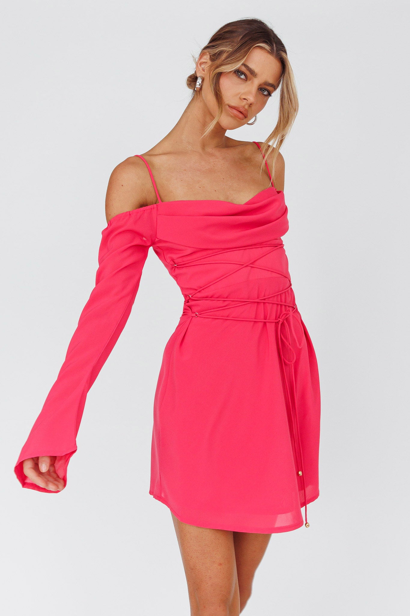 Teava Off-Shoulder Sleeve Laced Mini Dress Hot Pink by Selfie Leslie Australia