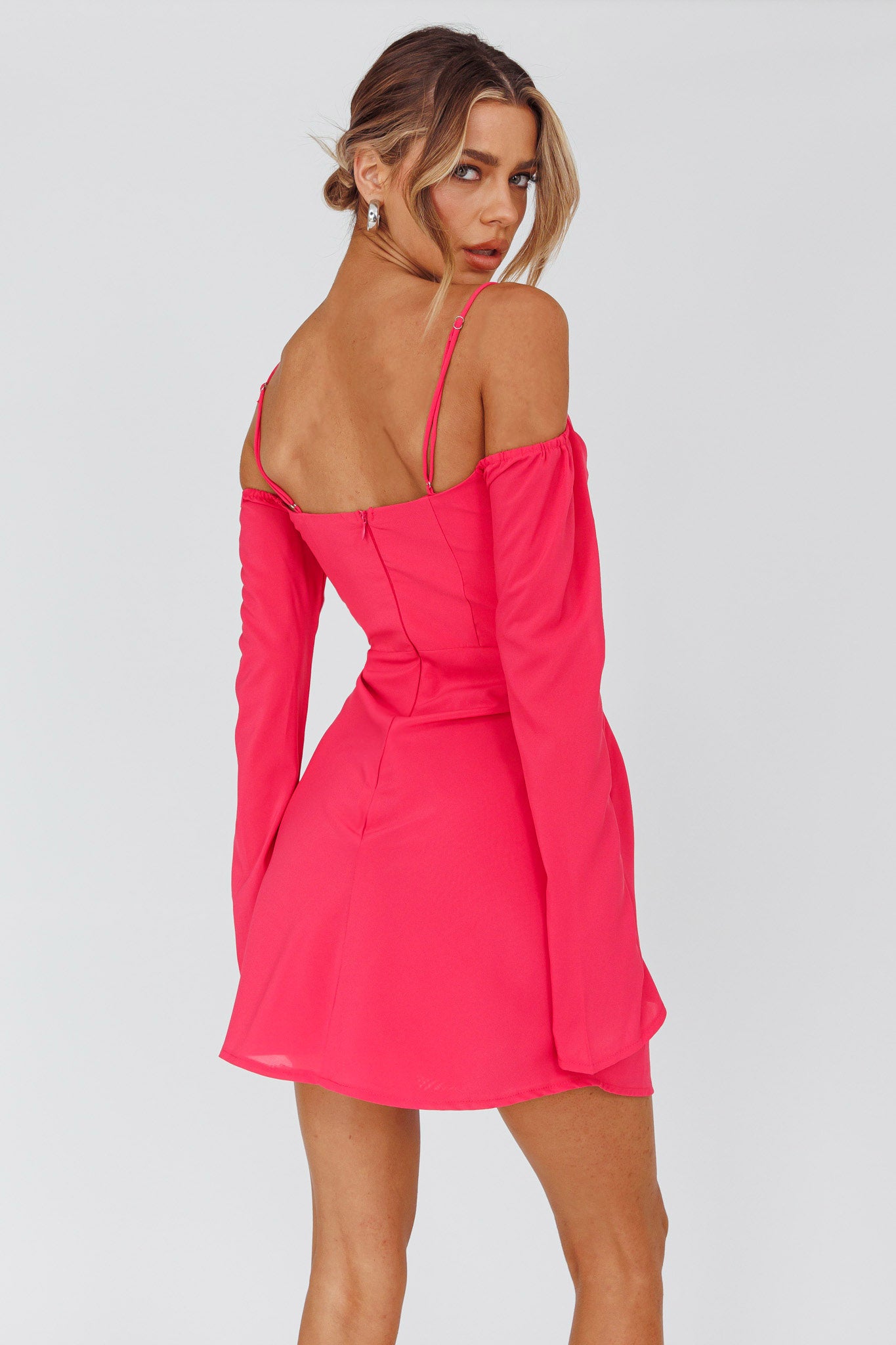 Teava Off-Shoulder Sleeve Laced Mini Dress Hot Pink by Selfie Leslie Australia
