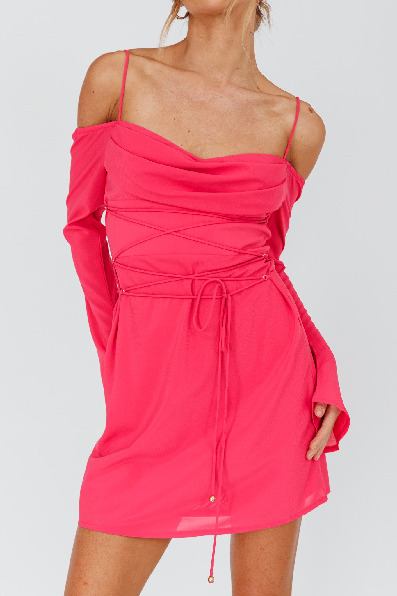 Teava Off-Shoulder Sleeve Laced Mini Dress Hot Pink by Selfie Leslie Australia