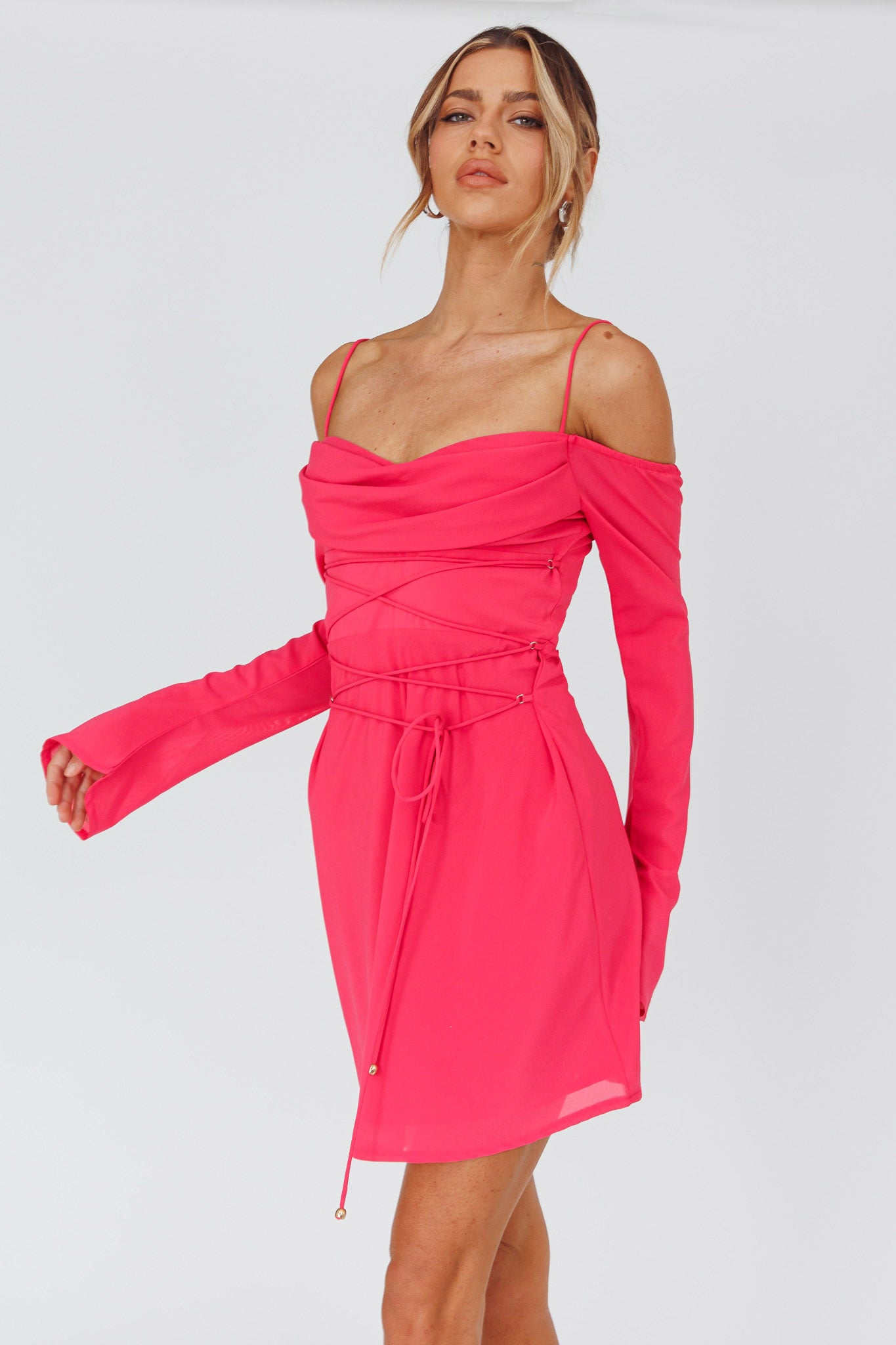 Teava Off-Shoulder Sleeve Laced Mini Dress Hot Pink by Selfie Leslie Australia