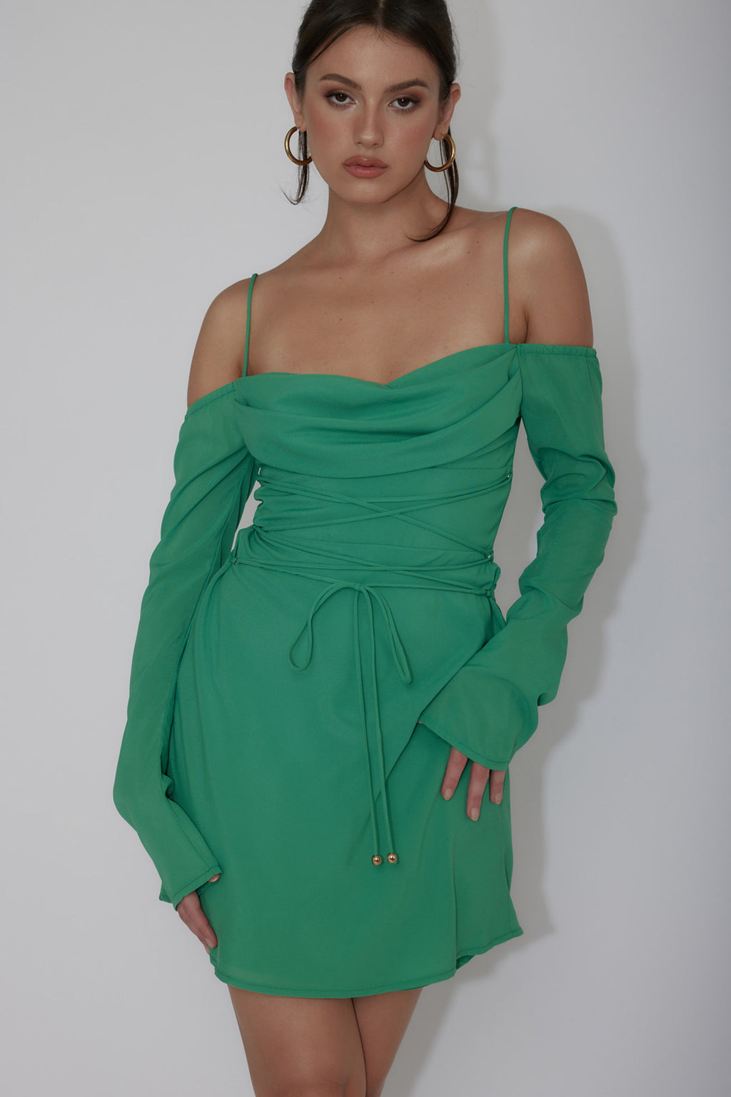 Teava Off-Shoulder Sleeve Laced Mini Dress Jade by Selfie Leslie Australia