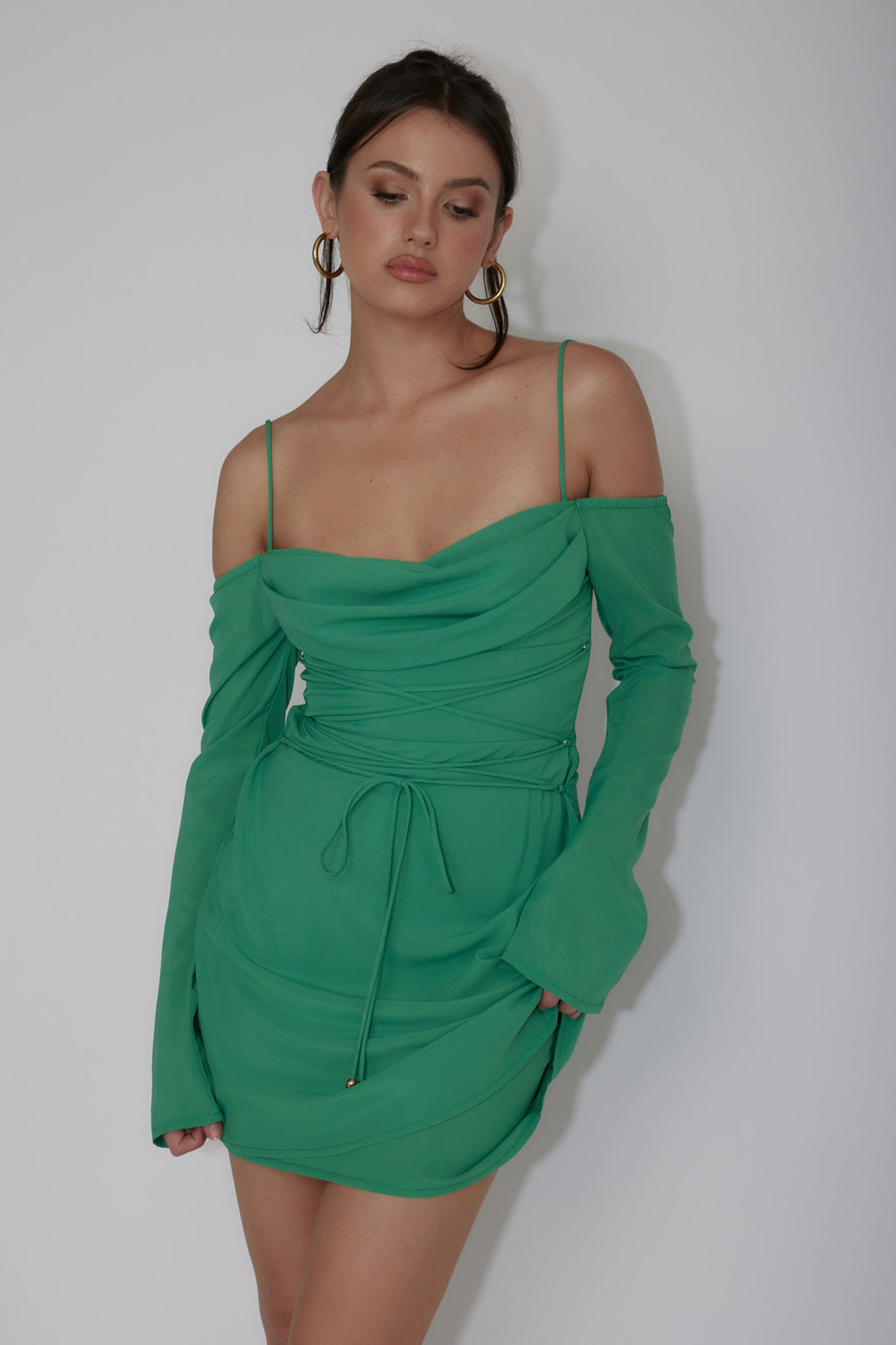 Teava Off-Shoulder Sleeve Laced Mini Dress Jade by Selfie Leslie Australia