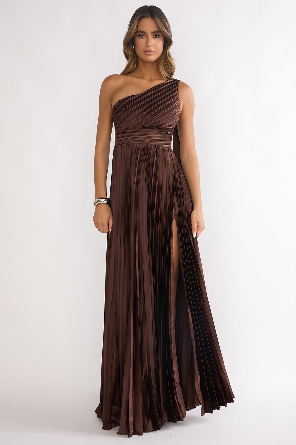 Goddess Aura Pleated Maxi Dress Chocolate by Selfie Leslie Australia