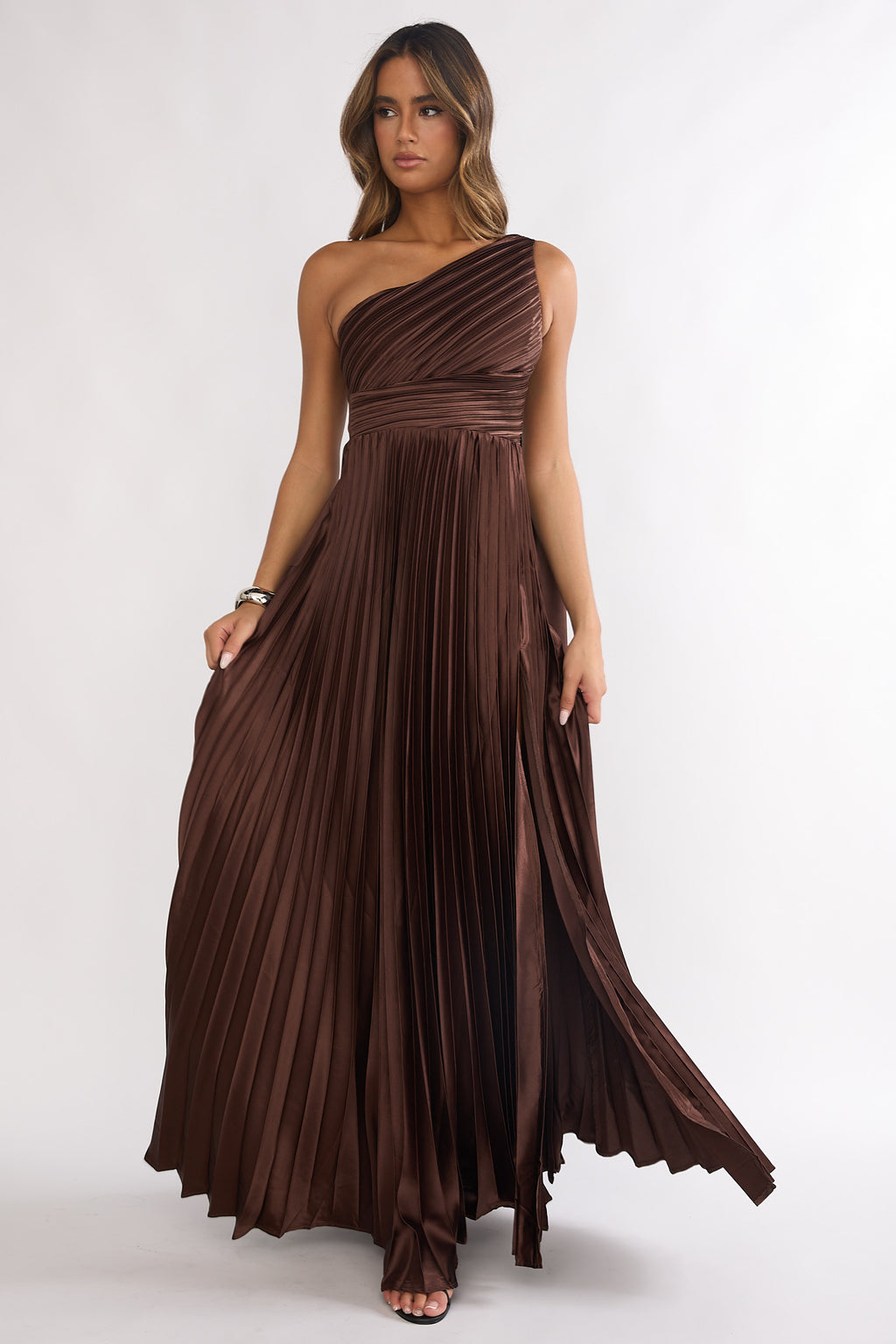 Goddess Aura Pleated Maxi Dress Chocolate by Selfie Leslie Australia