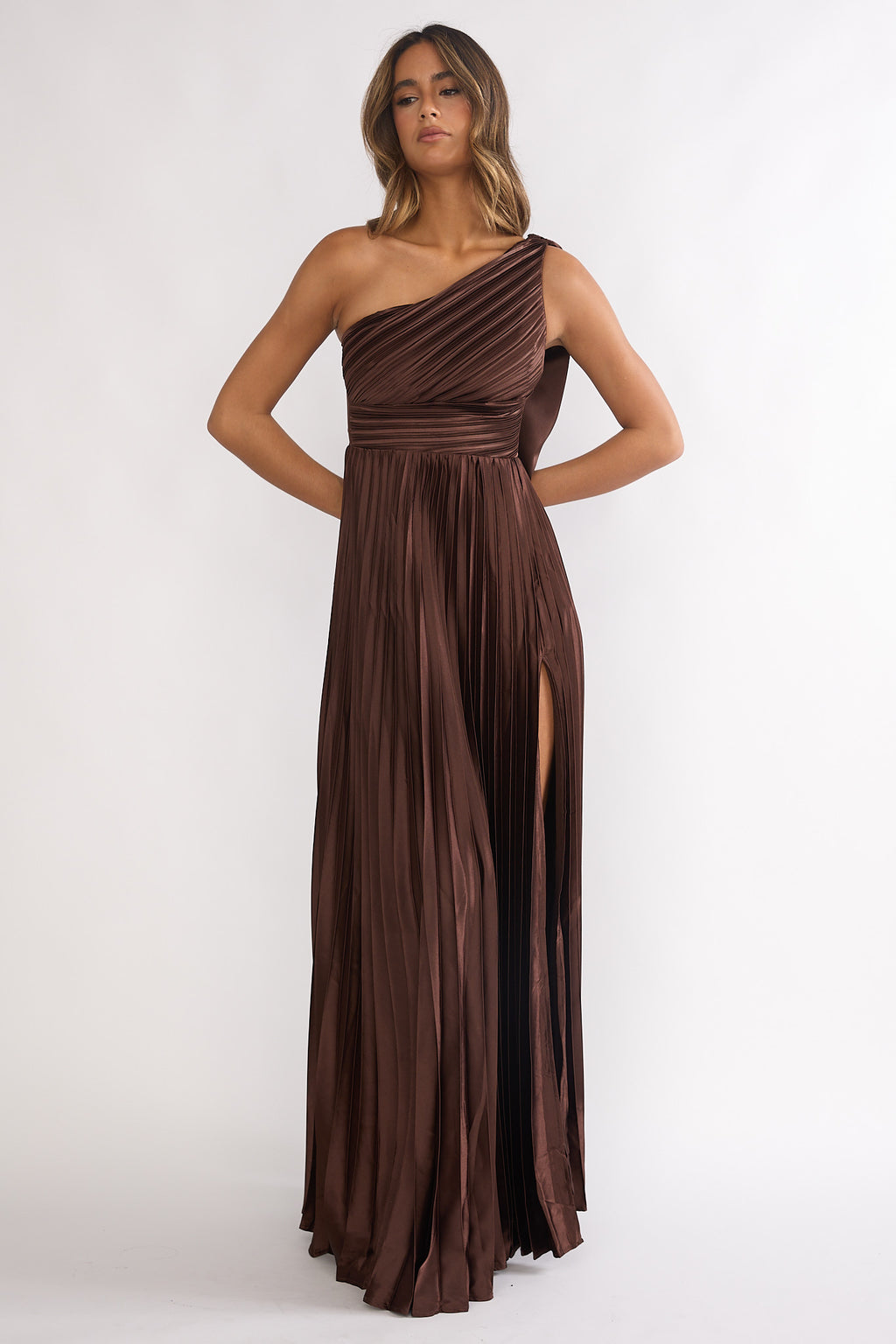 Goddess Aura Pleated Maxi Dress Chocolate by Selfie Leslie Australia