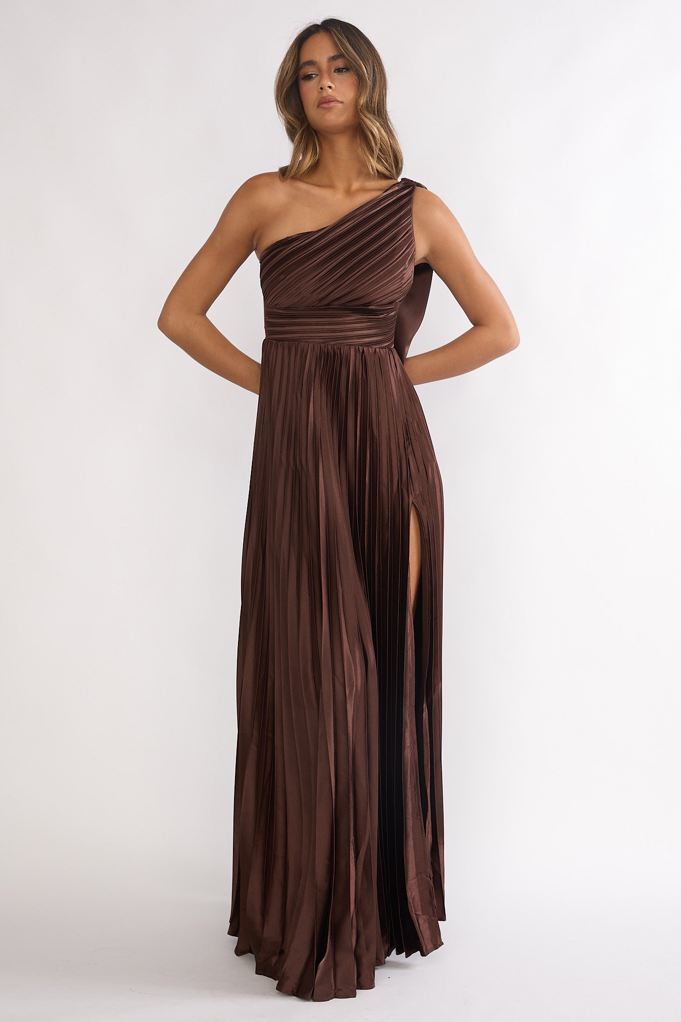 Goddess Aura Pleated Maxi Dress Chocolate by Selfie Leslie Australia
