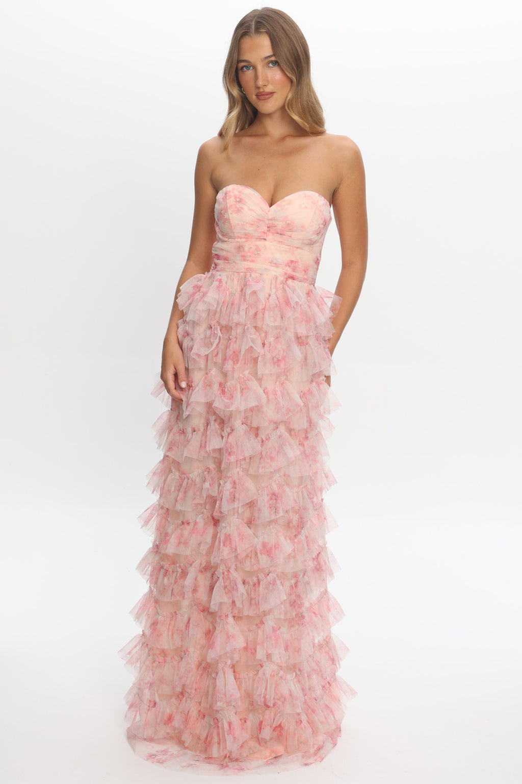 Marisyn Tiered Frill Maxi Dress Floral Blush by Selfie Leslie Australia