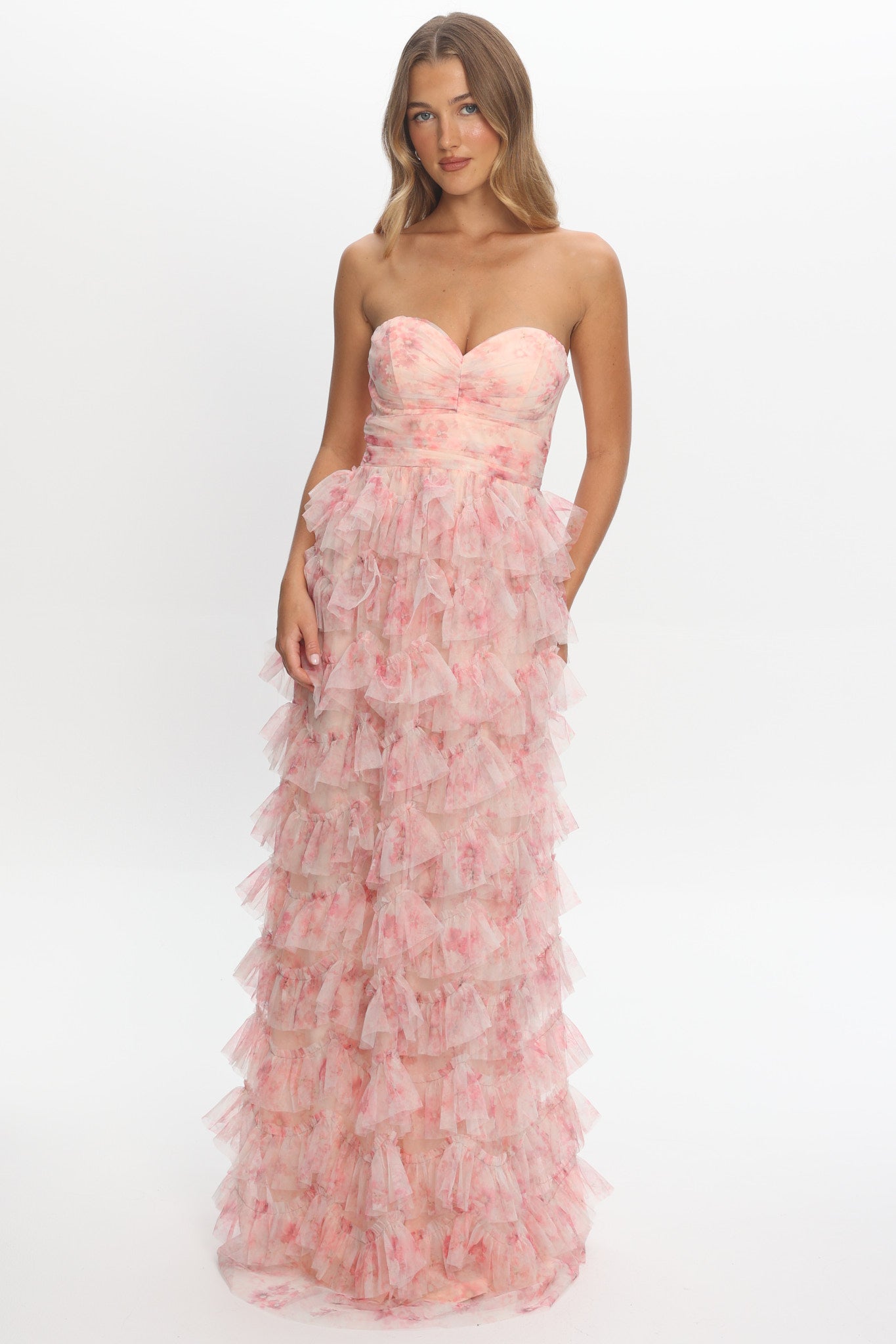Marisyn Tiered Frill Maxi Dress Floral Blush by Selfie Leslie Australia