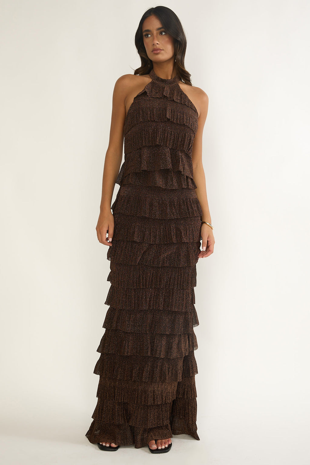 Kaelia Tiered Halter Maxi Dress Sparkle Brown by Selfie Leslie Australia