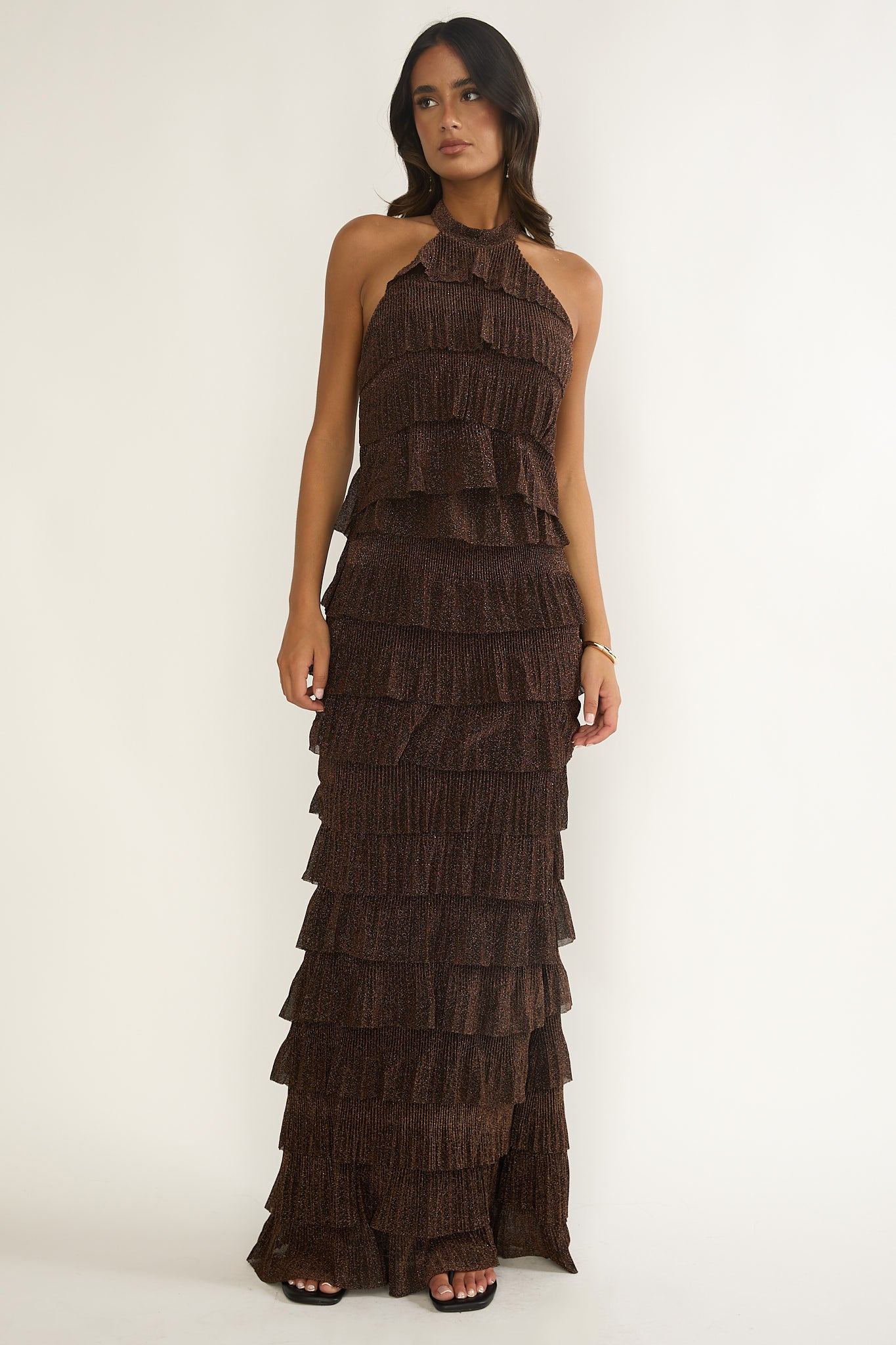 Kaelia Tiered Halter Maxi Dress Sparkle Brown by Selfie Leslie Australia