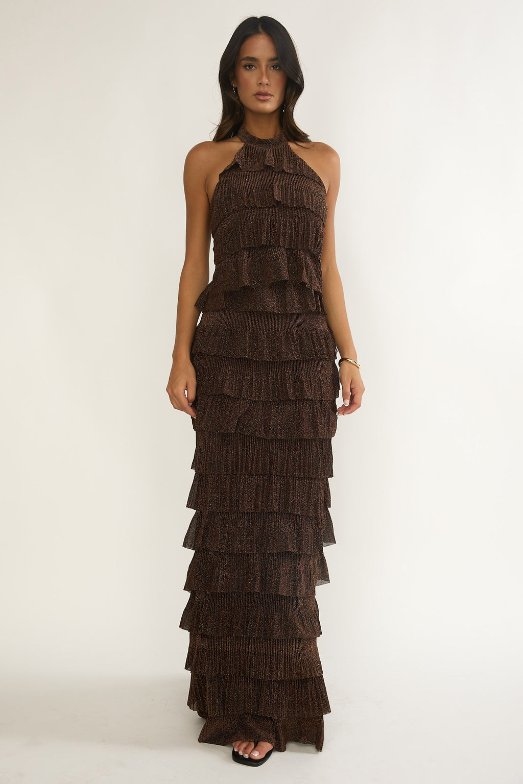 Kaelia Tiered Halter Maxi Dress Sparkle Brown by Selfie Leslie Australia