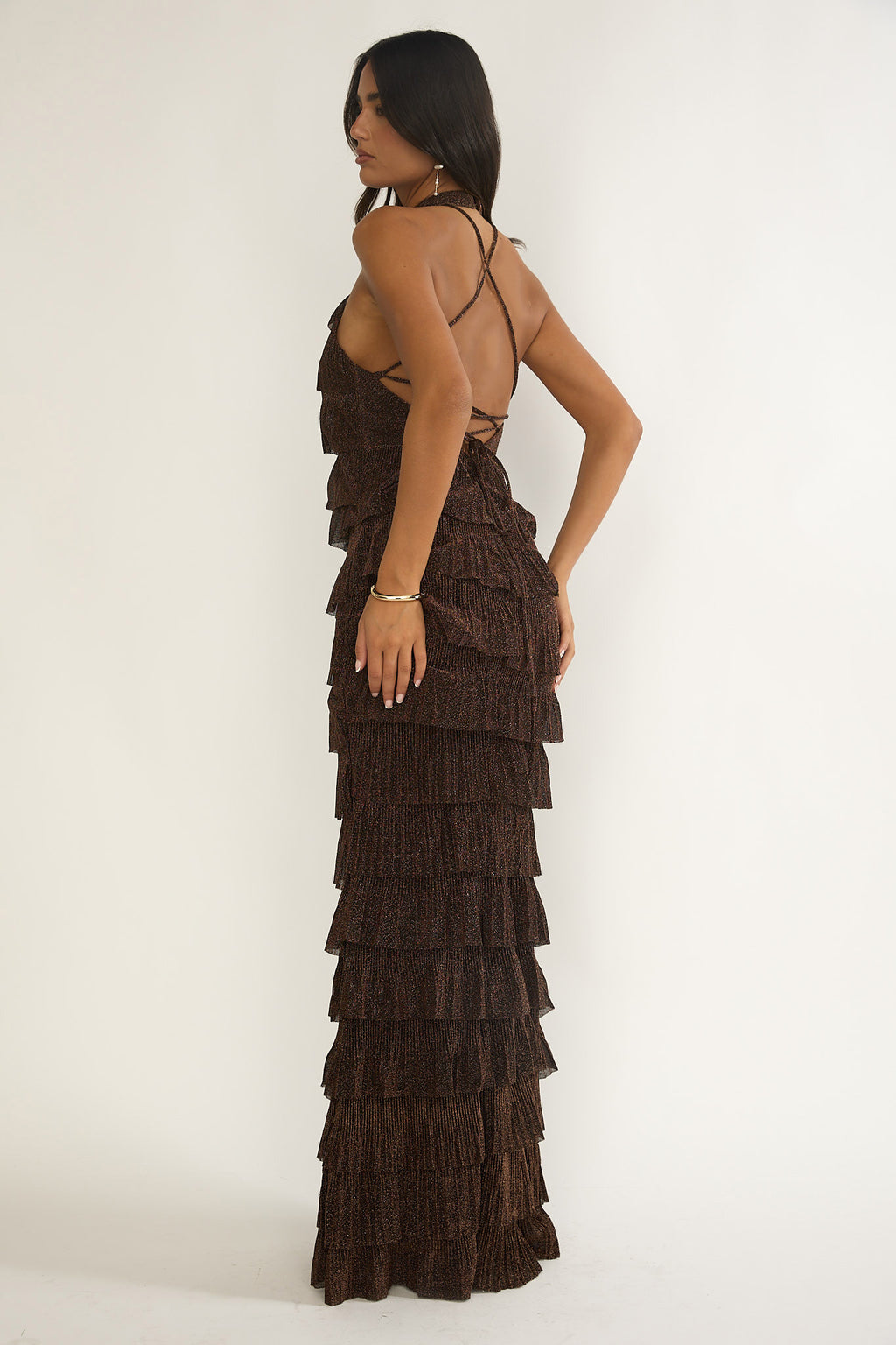 Kaelia Tiered Halter Maxi Dress Sparkle Brown by Selfie Leslie Australia