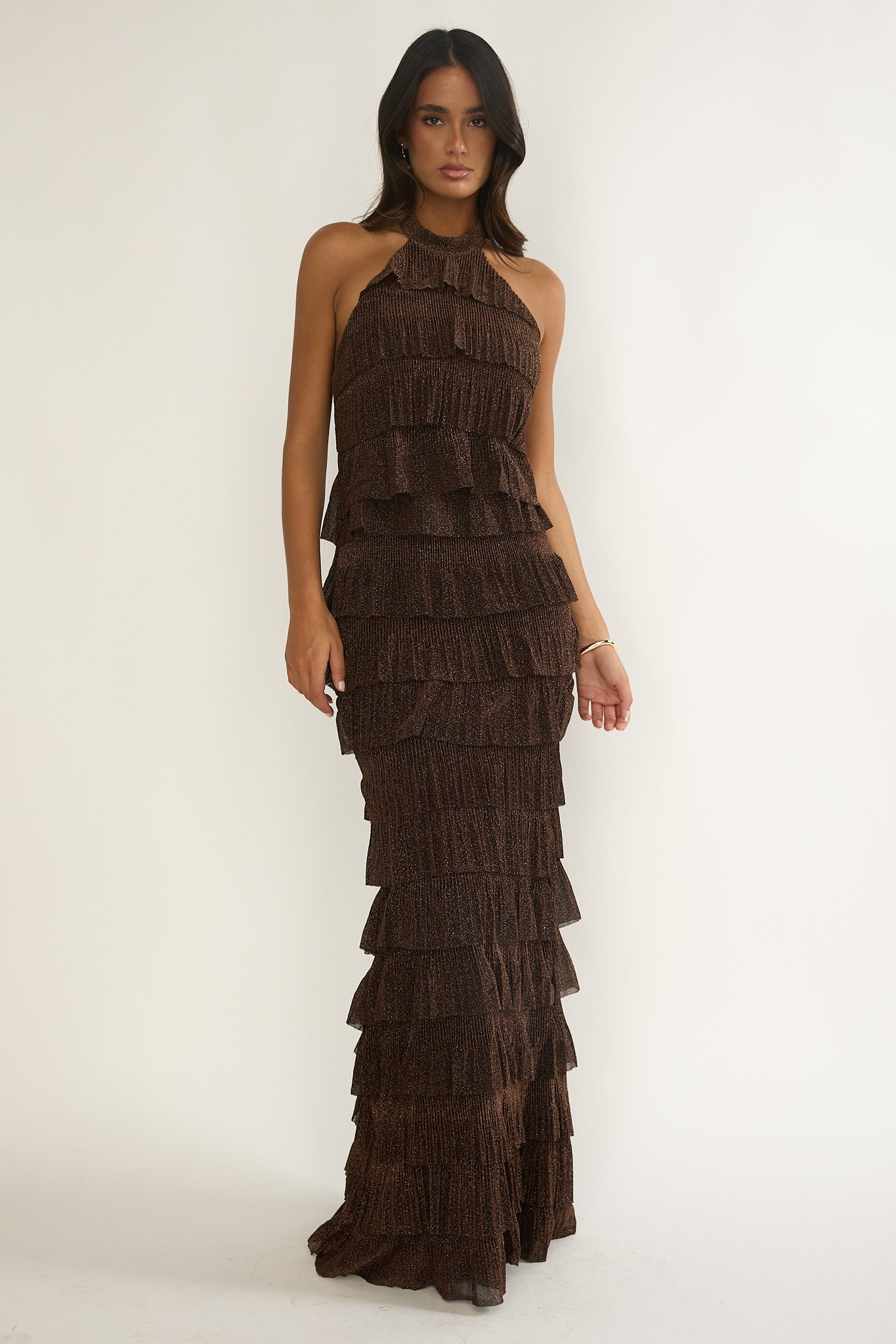 Kaelia Tiered Halter Maxi Dress Sparkle Brown by Selfie Leslie Australia