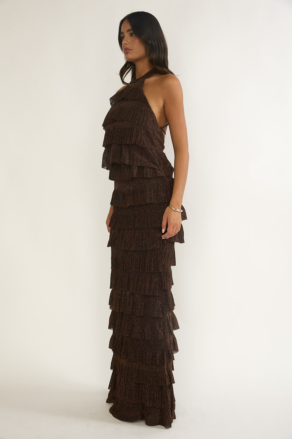 Kaelia Tiered Halter Maxi Dress Sparkle Brown by Selfie Leslie Australia