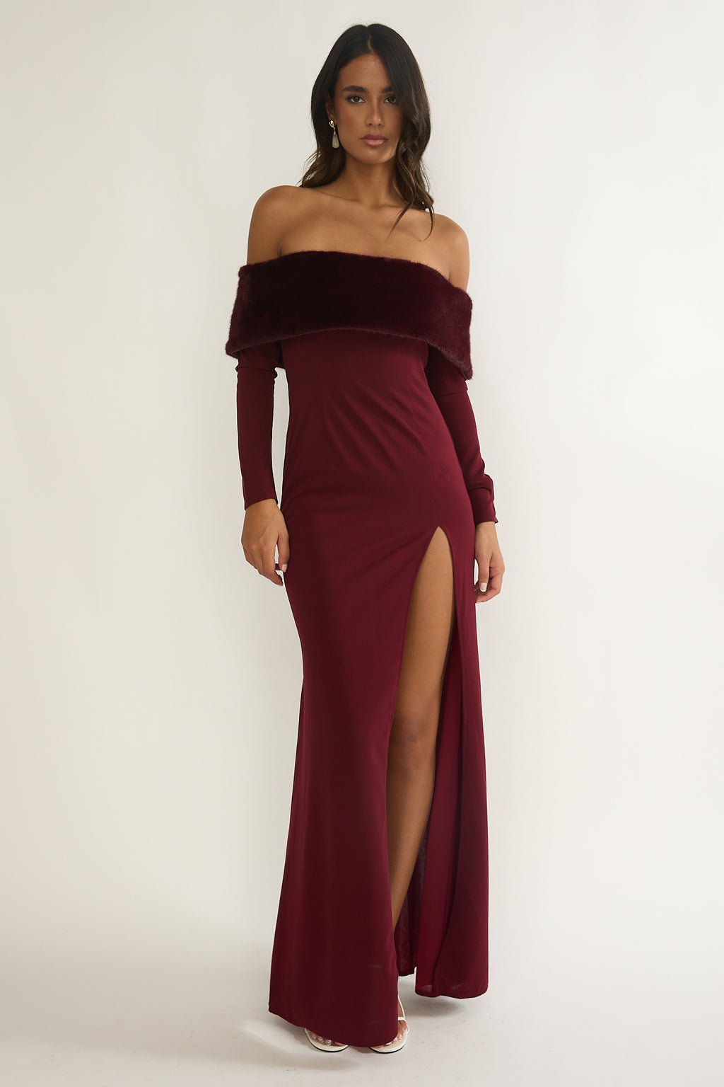 Noella Off-Shoulder Fur Trim Maxi Dress Wine by Selfie Leslie Australia