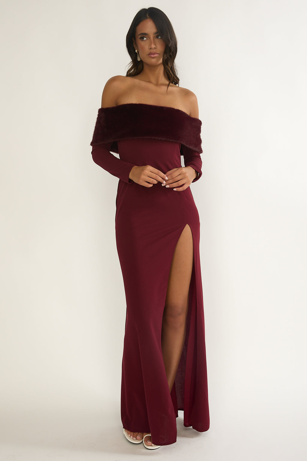 Noella Off-Shoulder Fur Trim Maxi Dress Wine by Selfie Leslie Australia