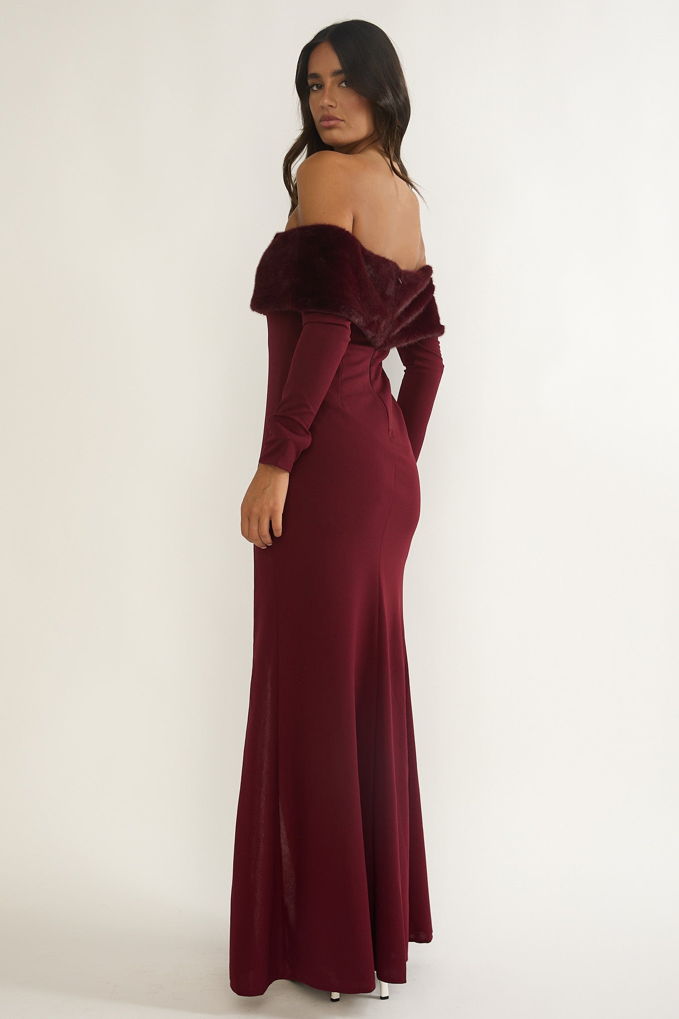 Noella Off-Shoulder Fur Trim Maxi Dress Wine by Selfie Leslie Australia