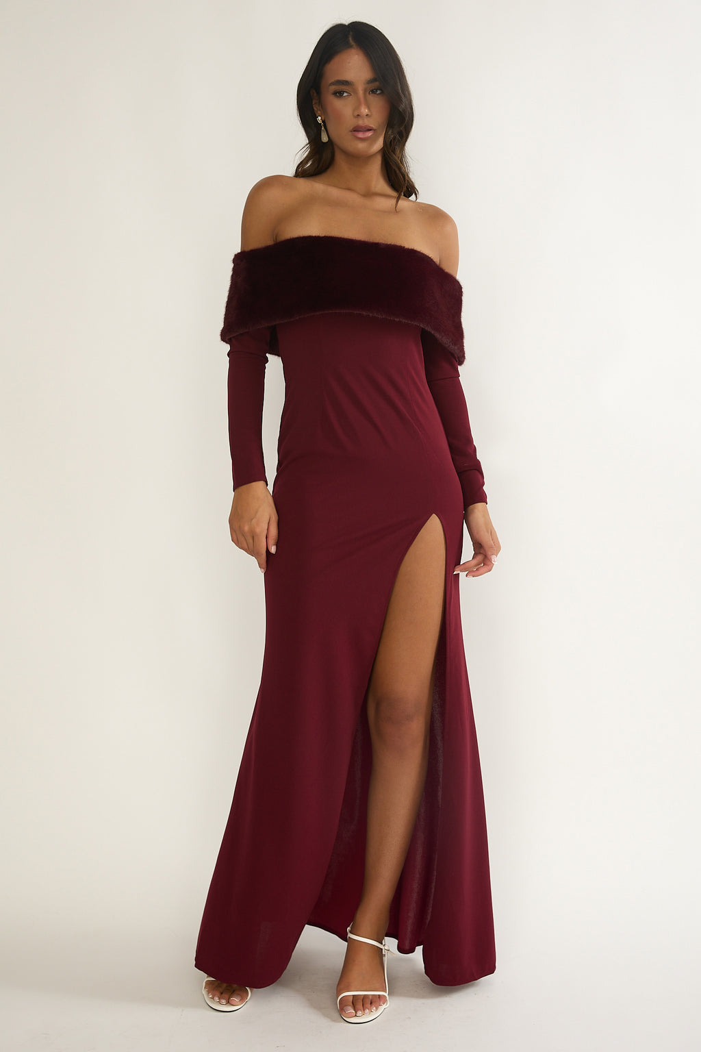 Noella Off-Shoulder Fur Trim Maxi Dress Wine by Selfie Leslie Australia