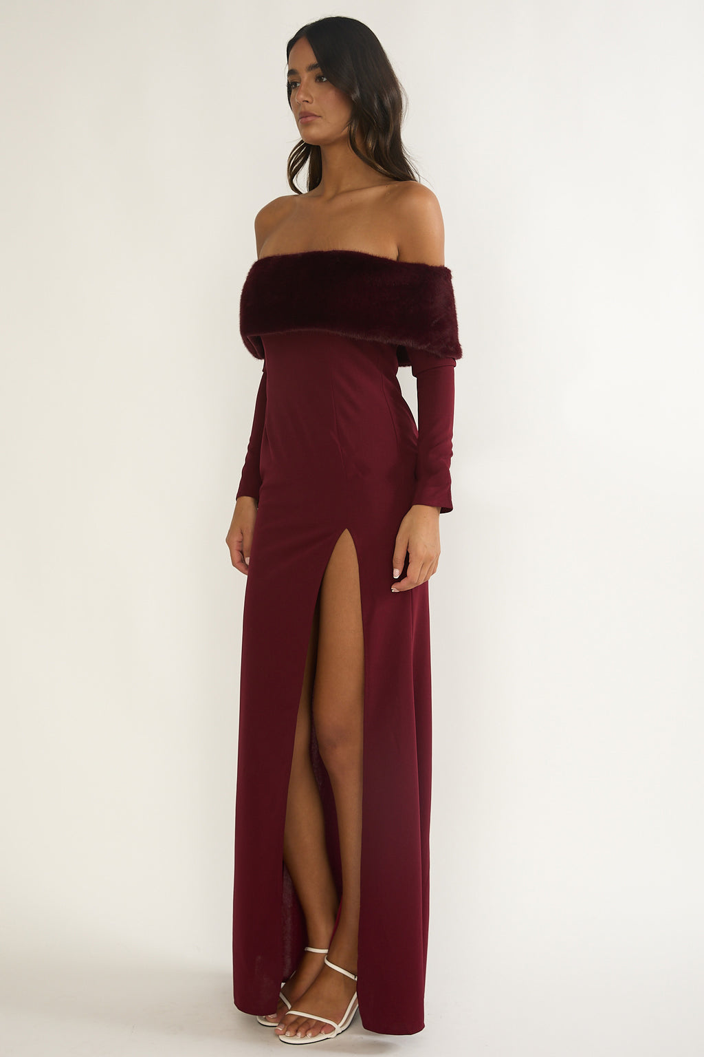 Noella Off-Shoulder Fur Trim Maxi Dress Wine by Selfie Leslie Australia