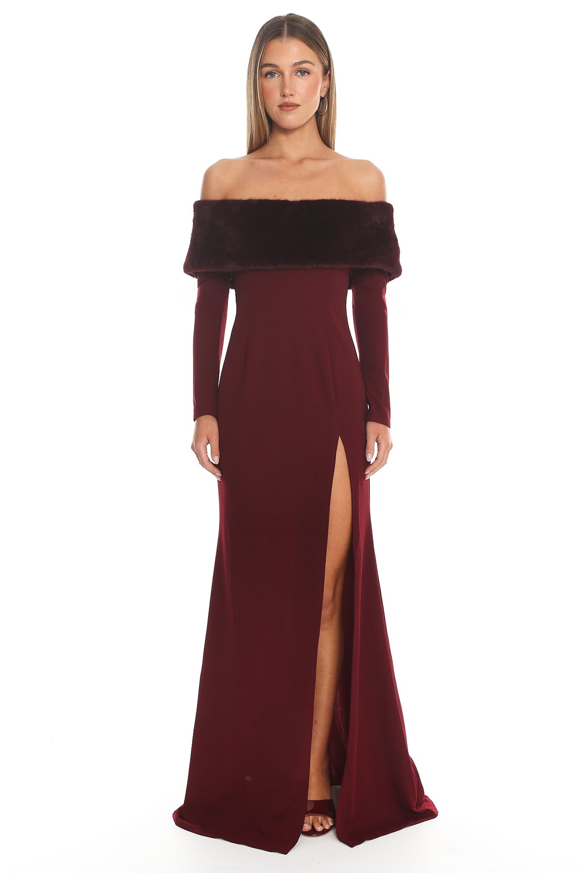 Noella Off-Shoulder Fur Trim Maxi Dress Wine by Selfie Leslie Australia