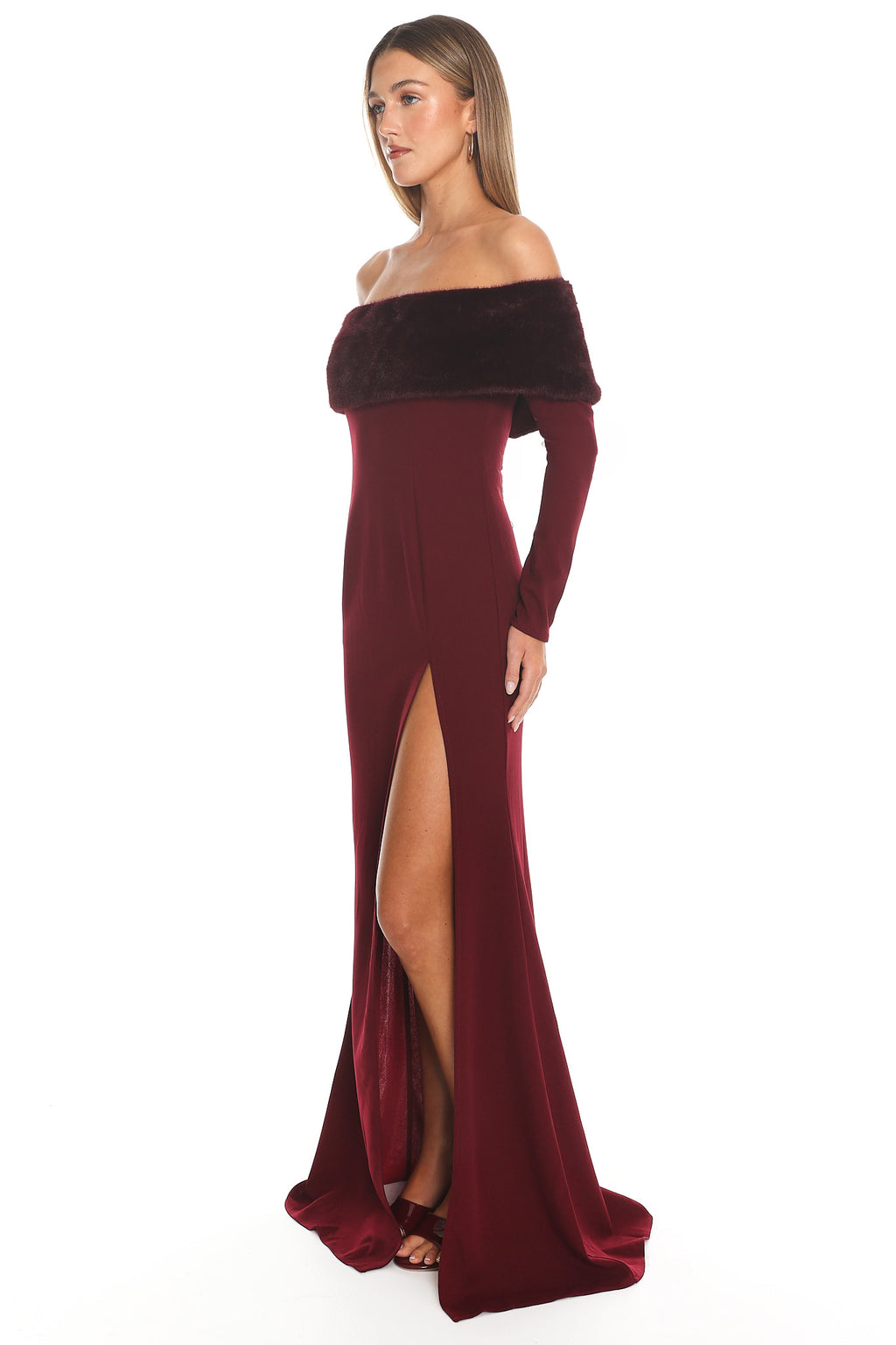 Noella Off-Shoulder Fur Trim Maxi Dress Wine by Selfie Leslie Australia