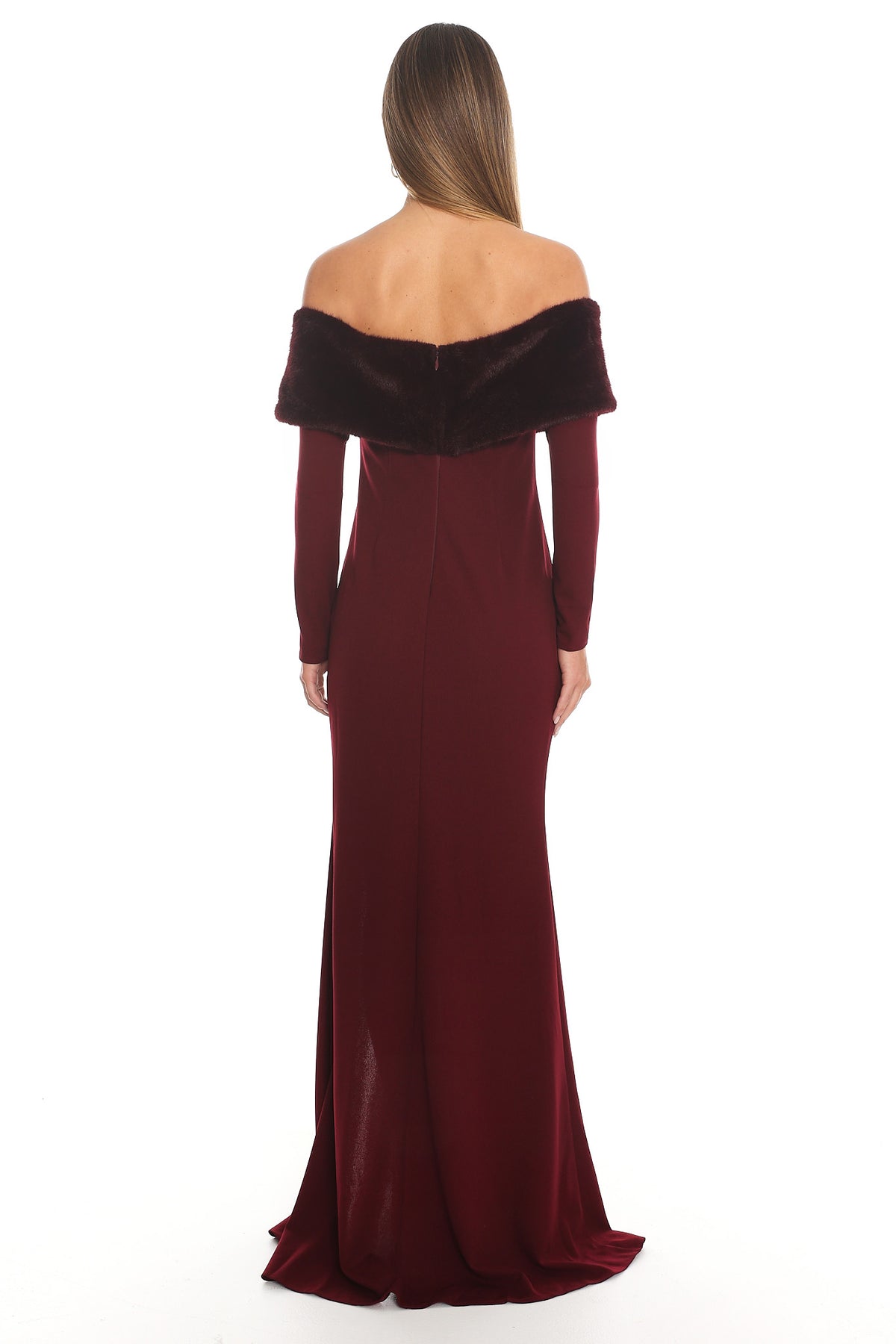 Noella Off-Shoulder Fur Trim Maxi Dress Wine by Selfie Leslie Australia