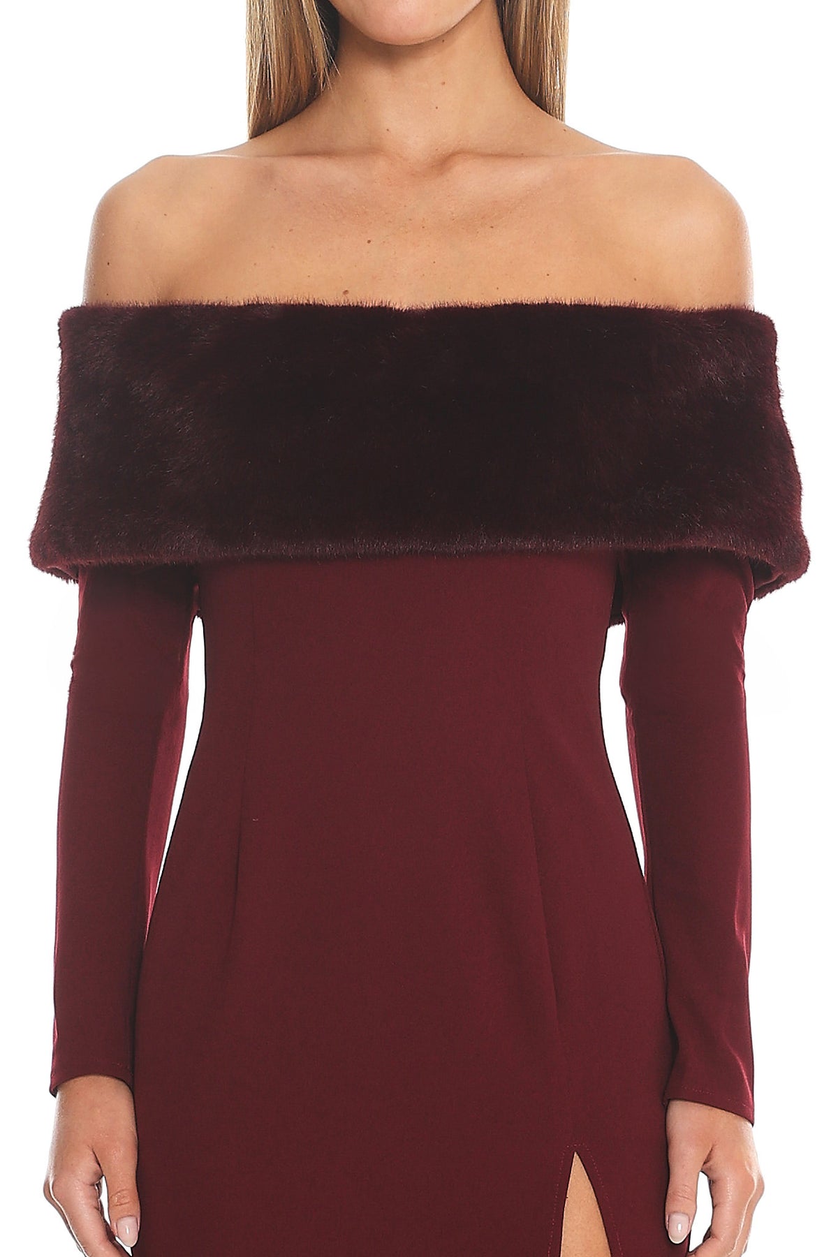 Noella Off-Shoulder Fur Trim Maxi Dress Wine by Selfie Leslie Australia