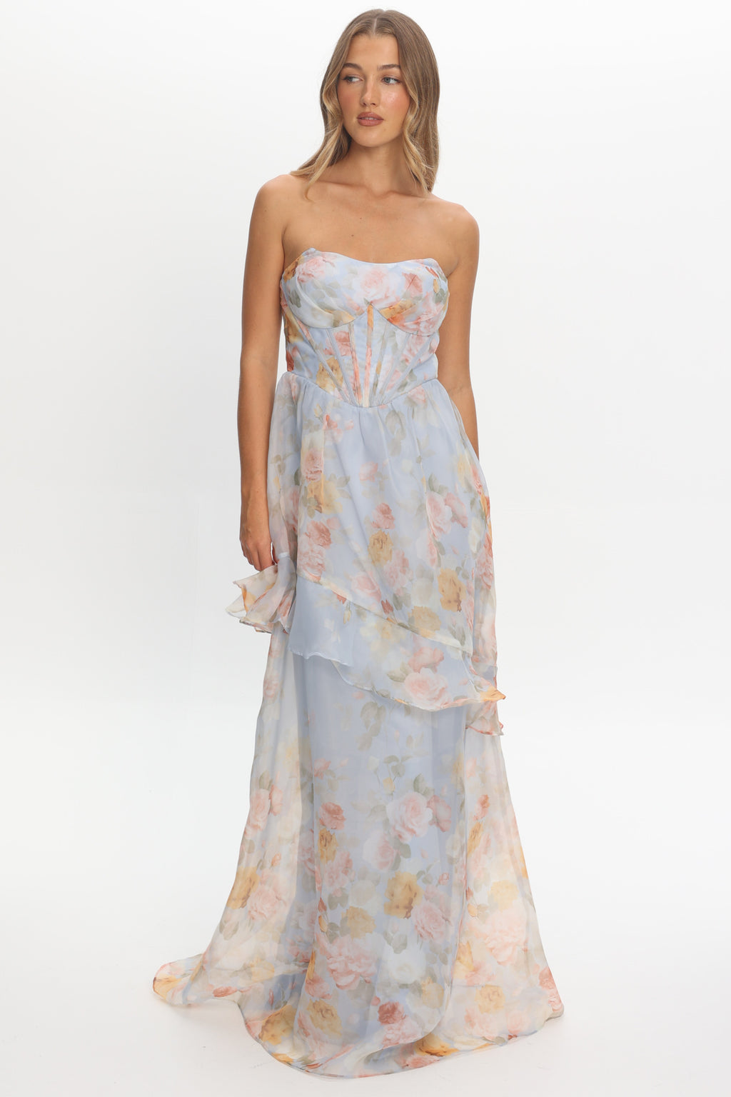 Petrice Asymmetric Layer Maxi Dress Floral Light Blue by Selfie Leslie Australia
