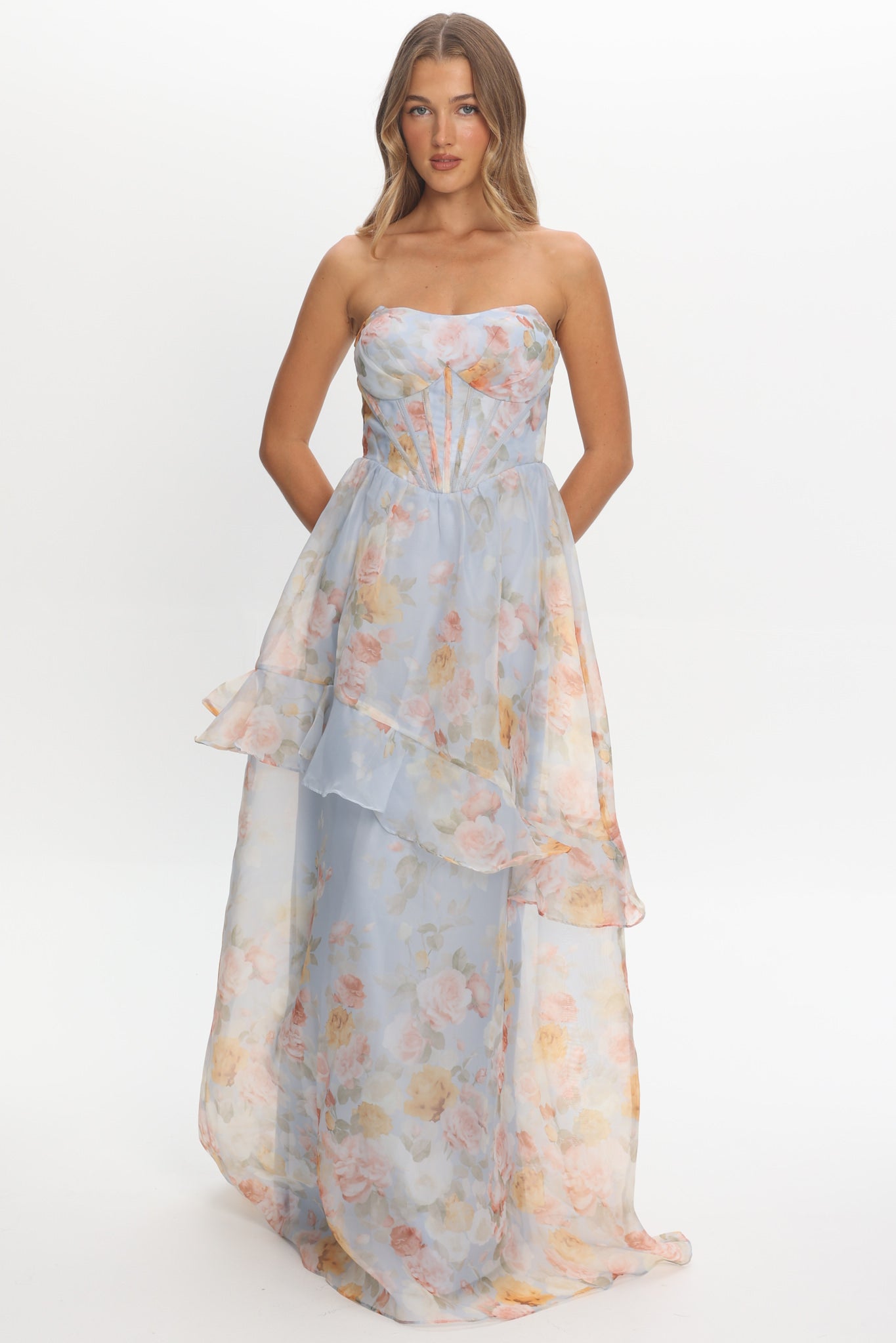 Petrice Asymmetric Layer Maxi Dress Floral Light Blue by Selfie Leslie Australia