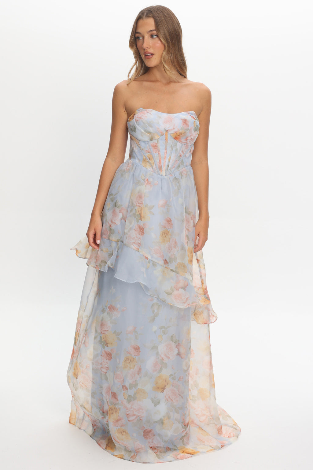 Petrice Asymmetric Layer Maxi Dress Floral Light Blue by Selfie Leslie Australia