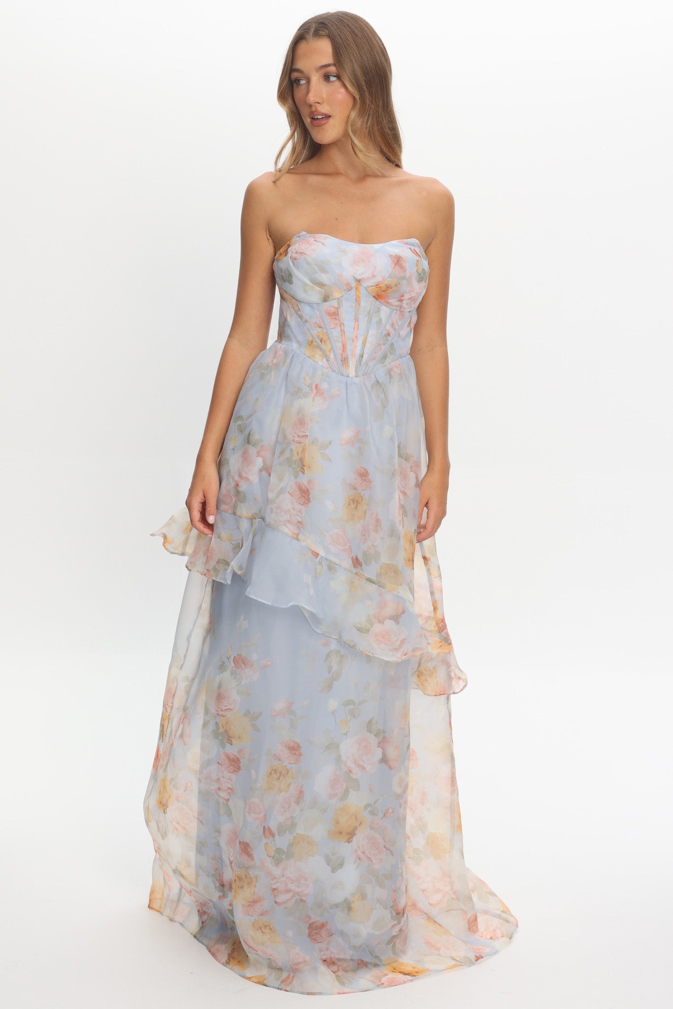 Petrice Asymmetric Layer Maxi Dress Floral Light Blue by Selfie Leslie Australia