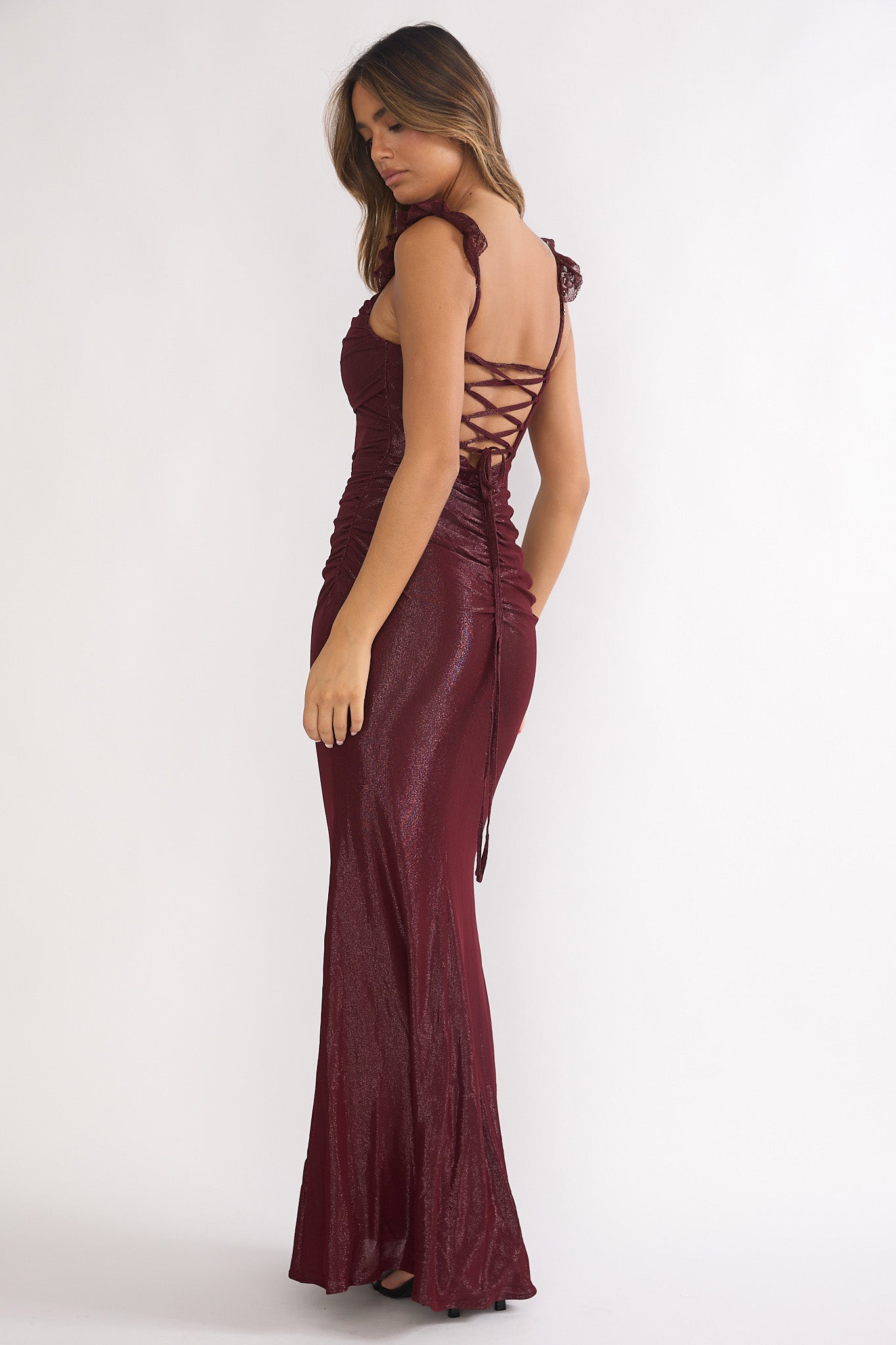 Valara Lace-Up Back Maxi Dress Wine by Selfie Leslie Australia