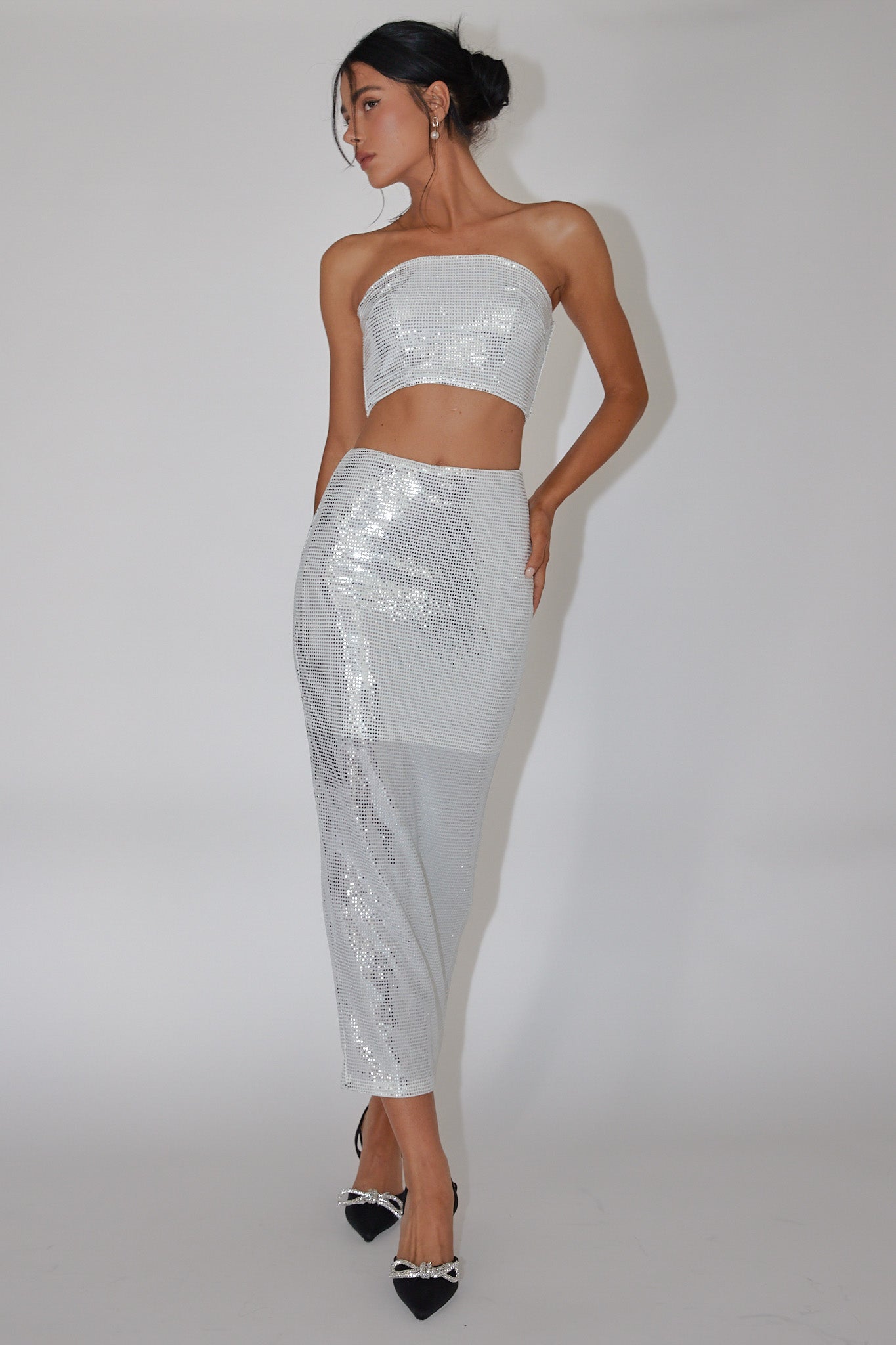 It Girls Sequin Maxi Skirt Silver by Selfie Leslie Australia