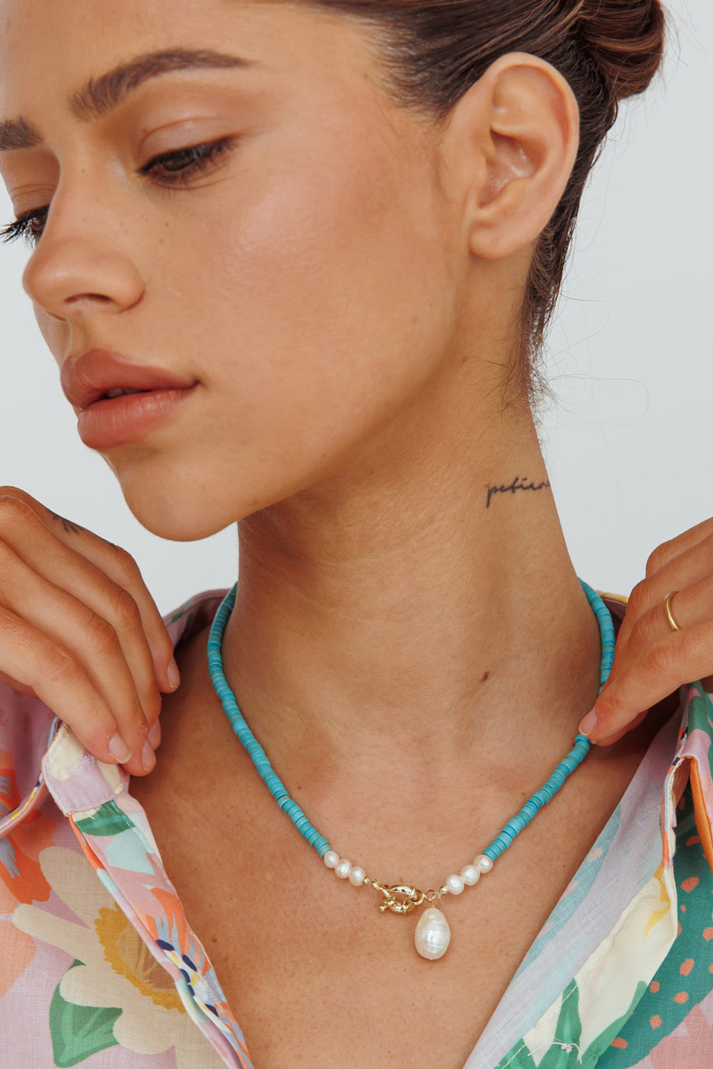 Monaco Pearl Turquoise Bead Necklace Gold by Selfie Leslie Australia
