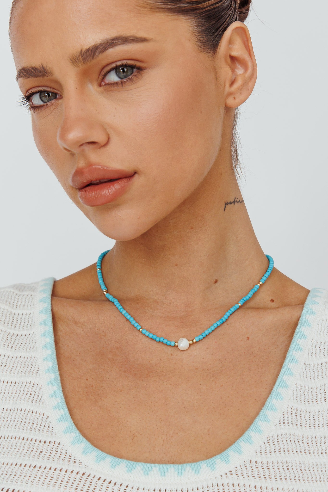 Ibiza Turquoise Bead Pearl Necklace Gold by Selfie Leslie Australia