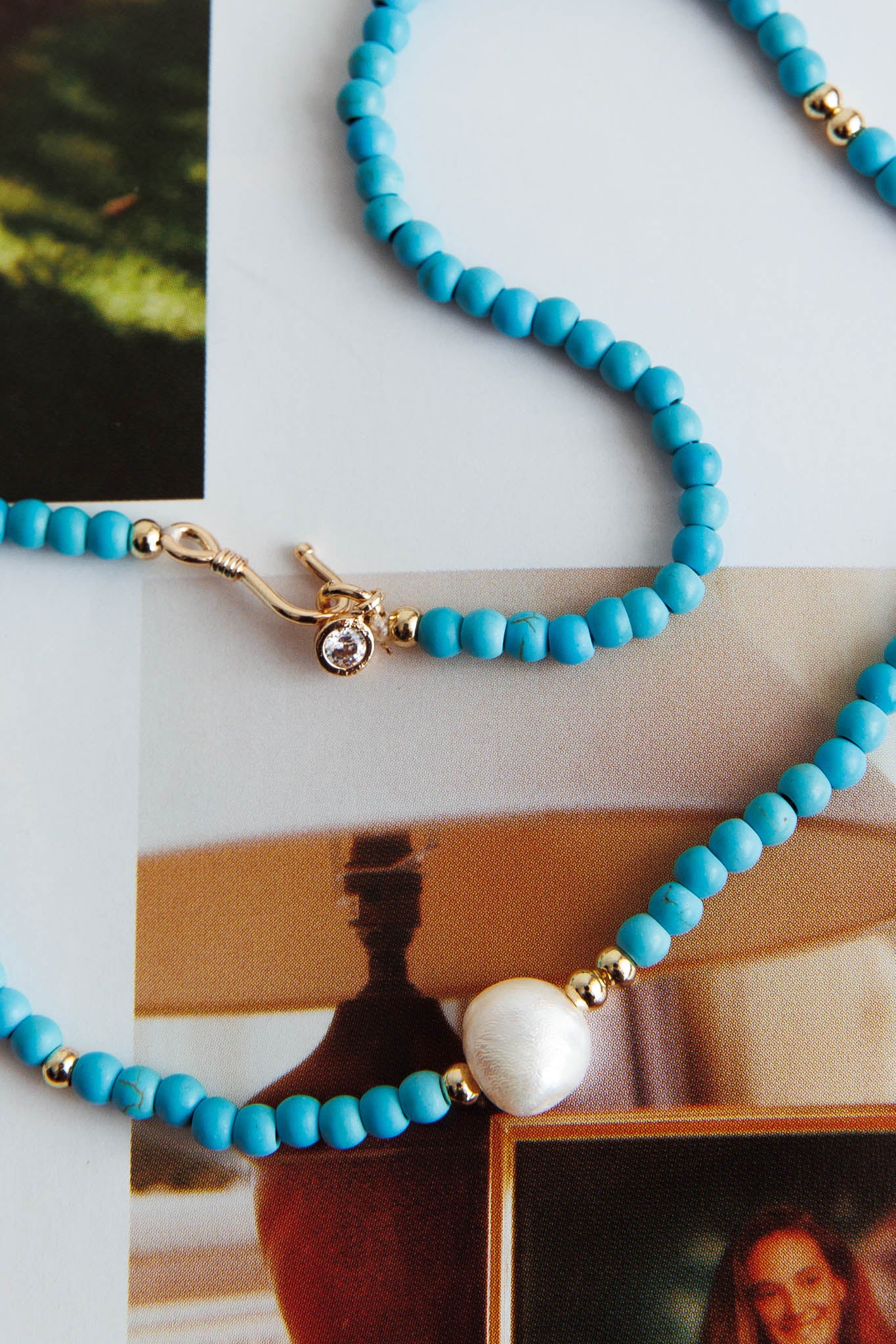 Ibiza Turquoise Bead Pearl Necklace Gold by Selfie Leslie Australia
