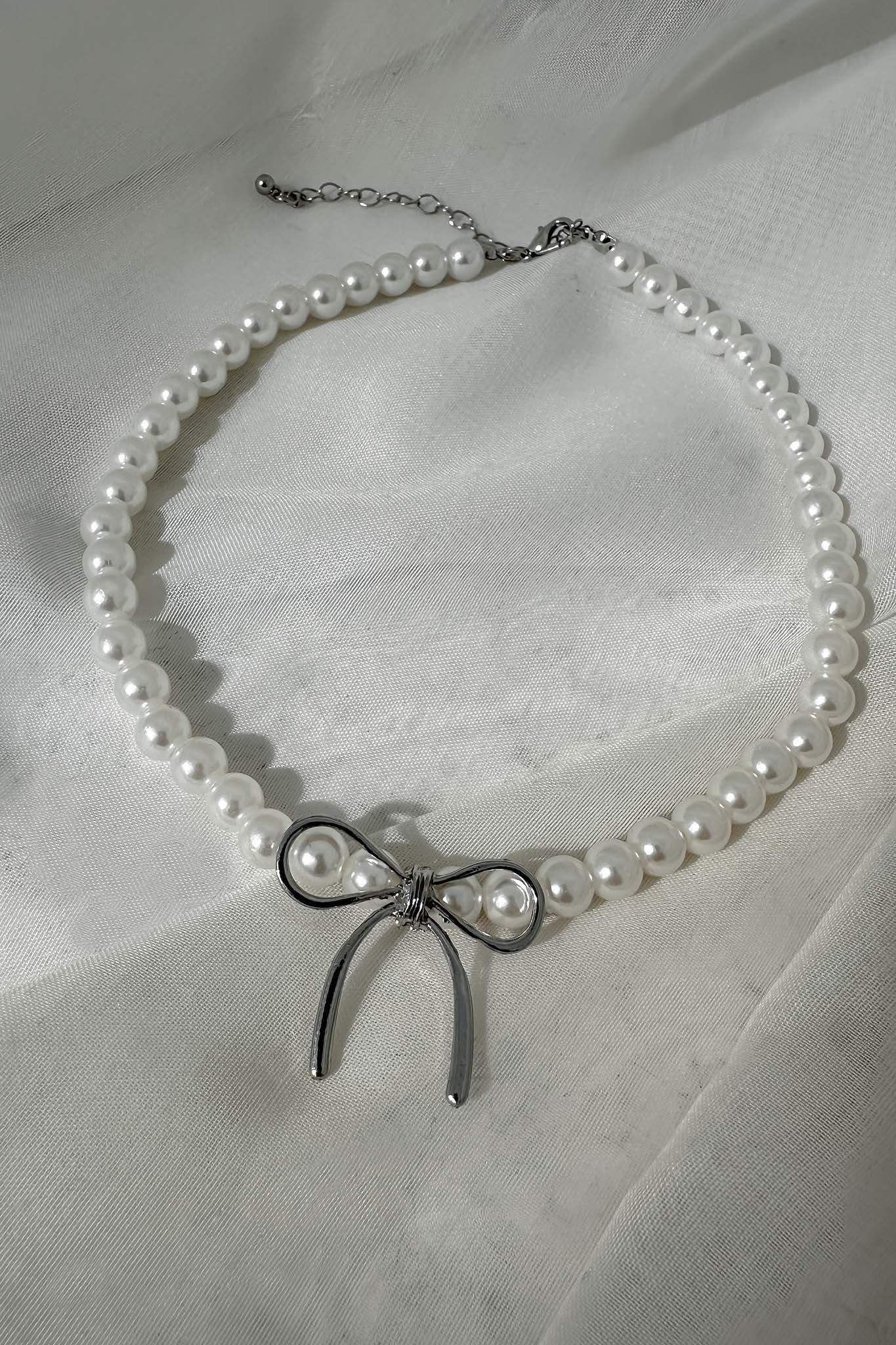Daydream Bow Accent Pearl Necklace Silver by Selfie Leslie Australia