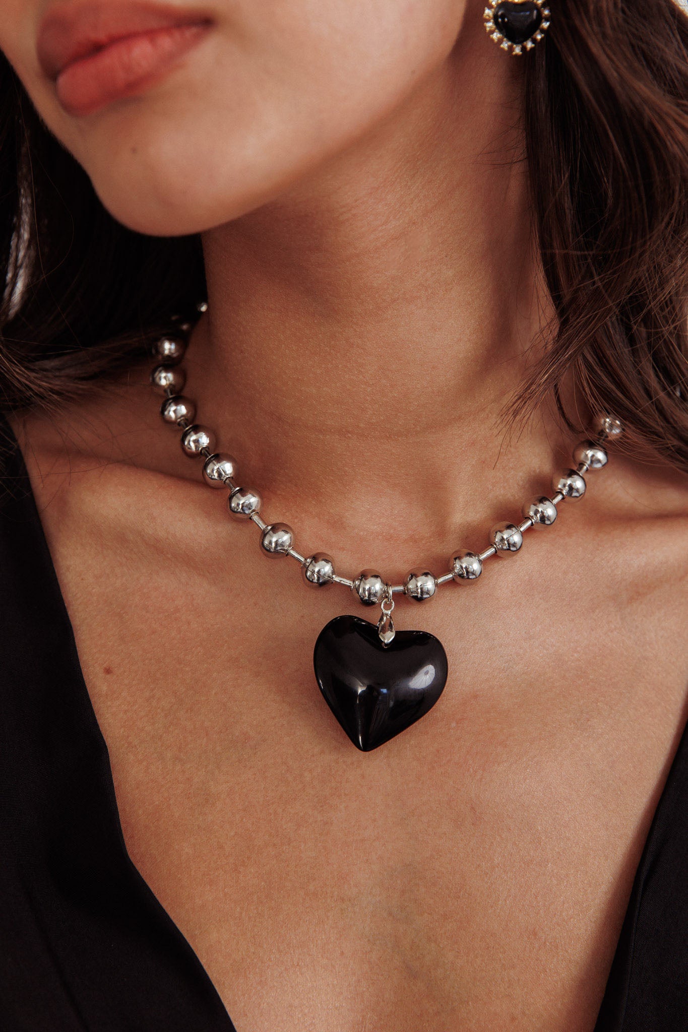 Lee Silver Bead Large Heart Necklace Black by Selfie Leslie Australia