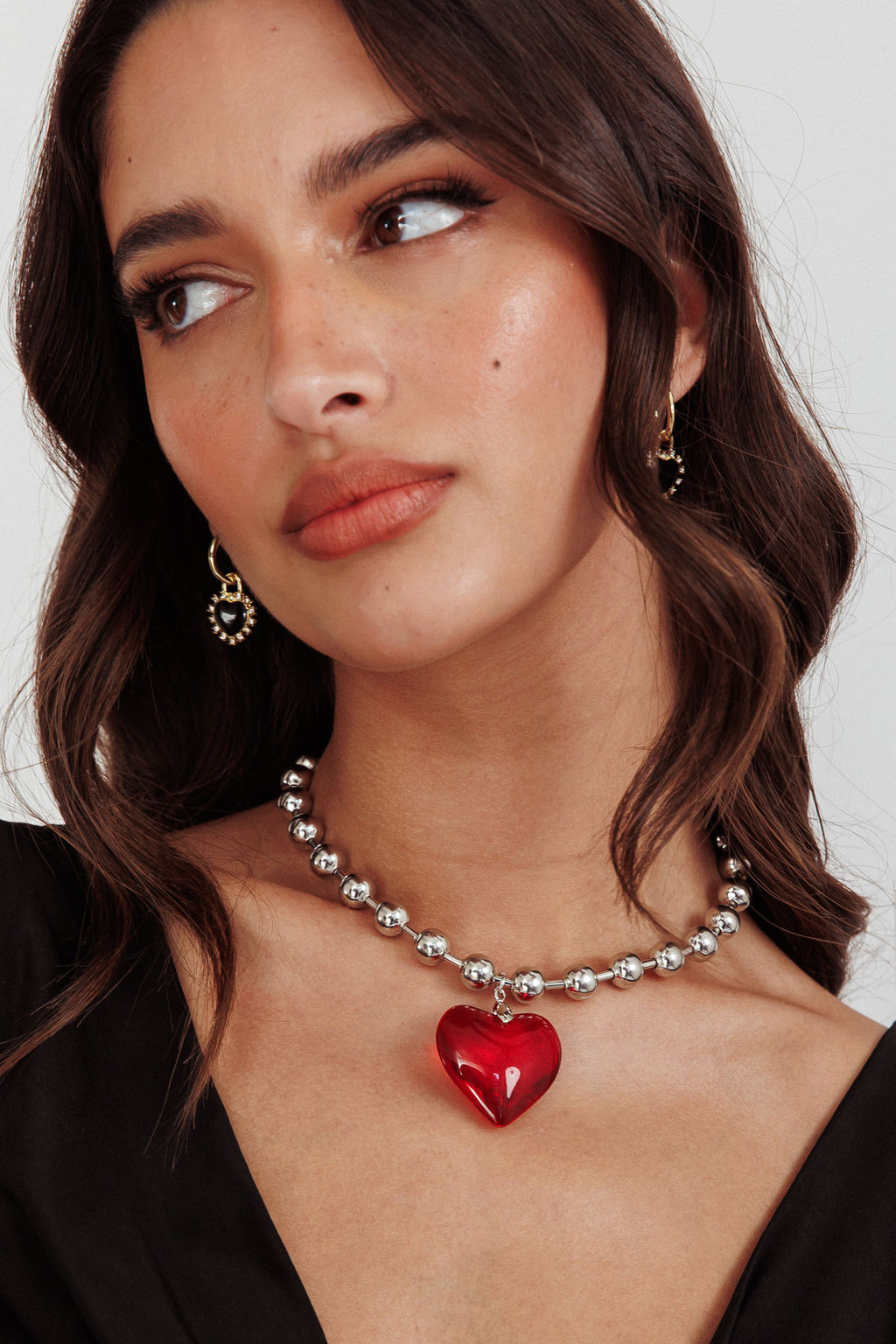 Lee Silver Bead Large Heart Necklace Red by Selfie Leslie Australia