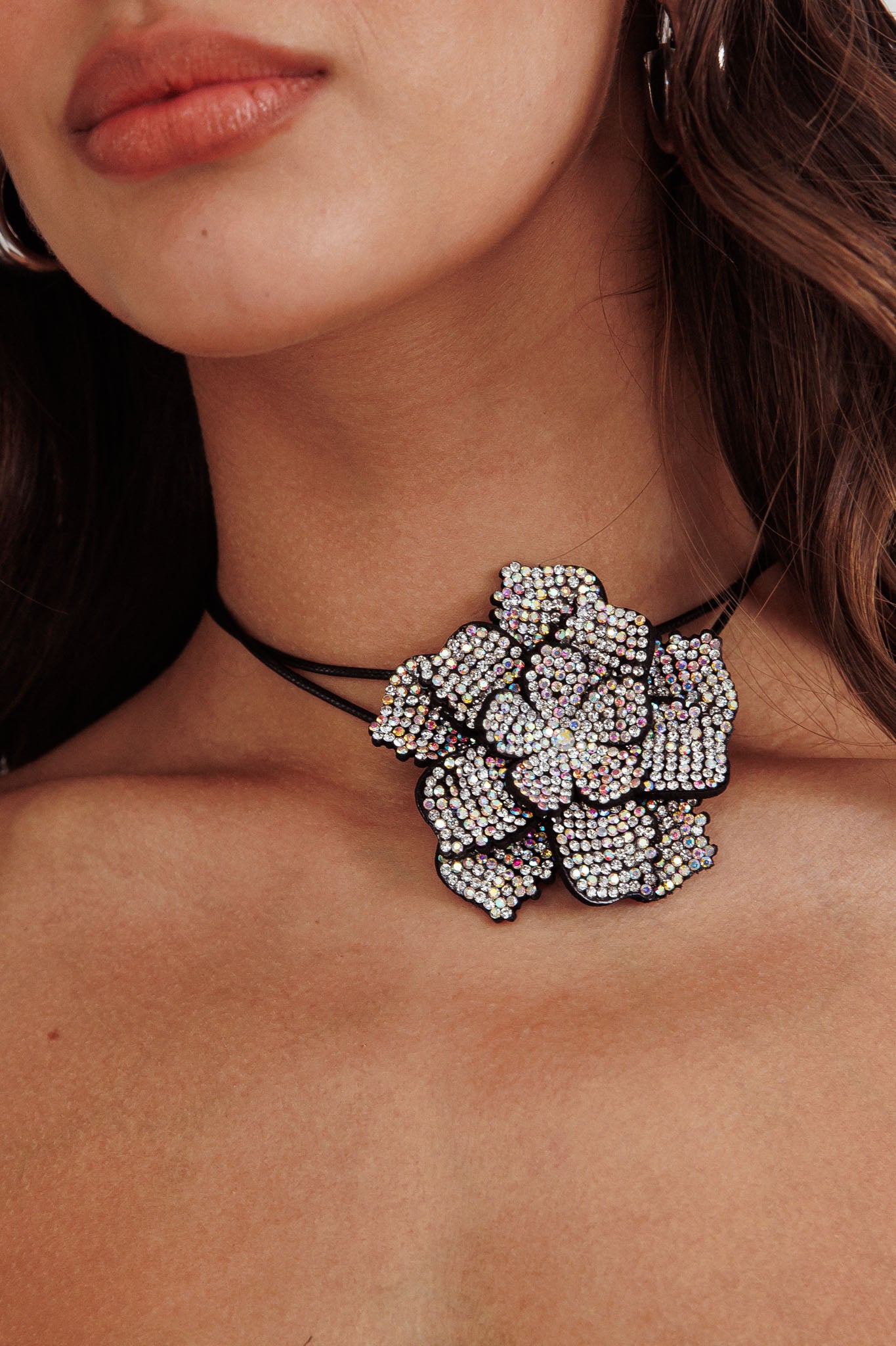 Magnolia Diamante Flower Choker Necklace Black by Selfie Leslie Australia