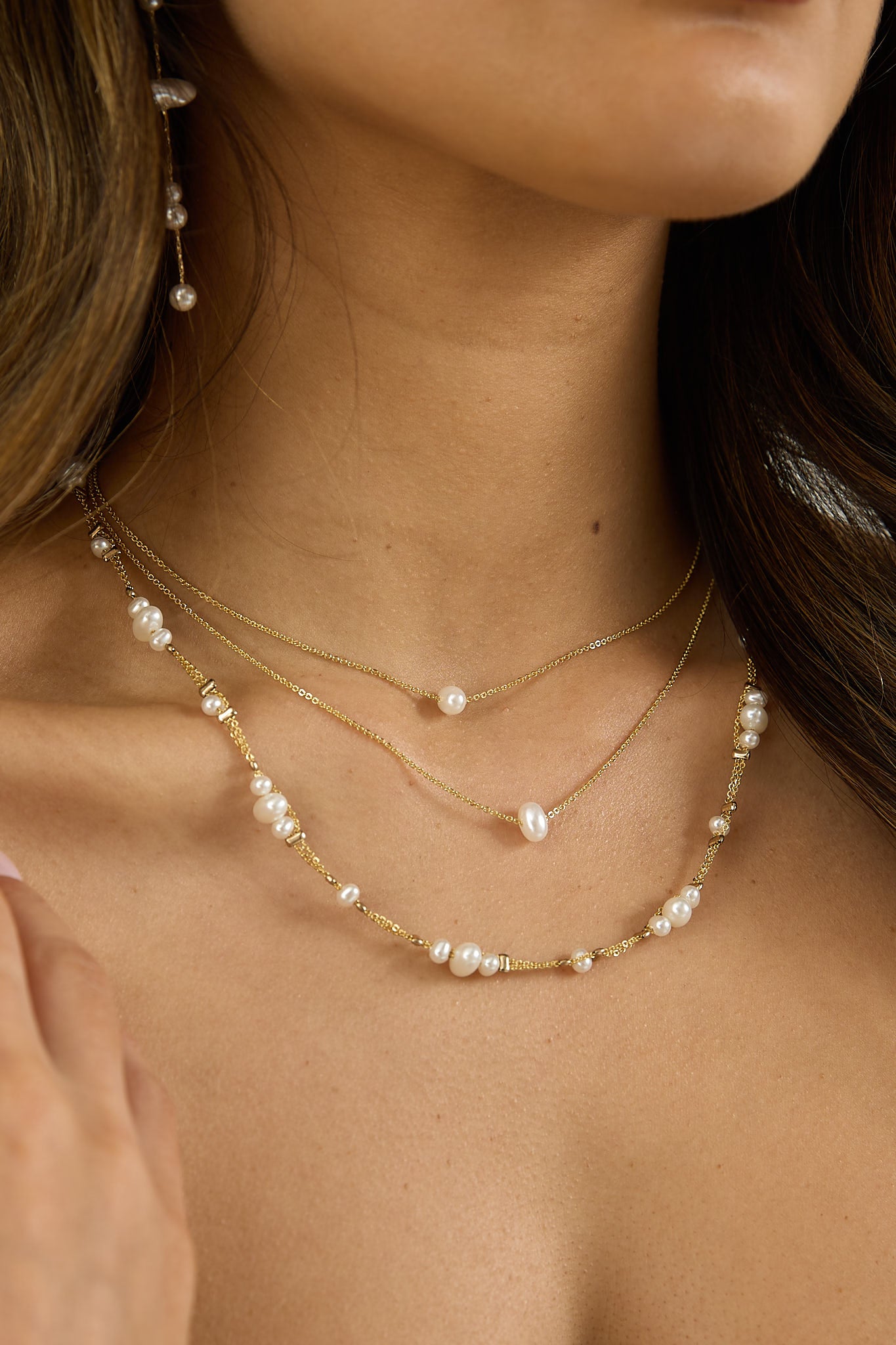 Amris Triple Strand Necklace Gold/Pearl by Selfie Leslie Australia